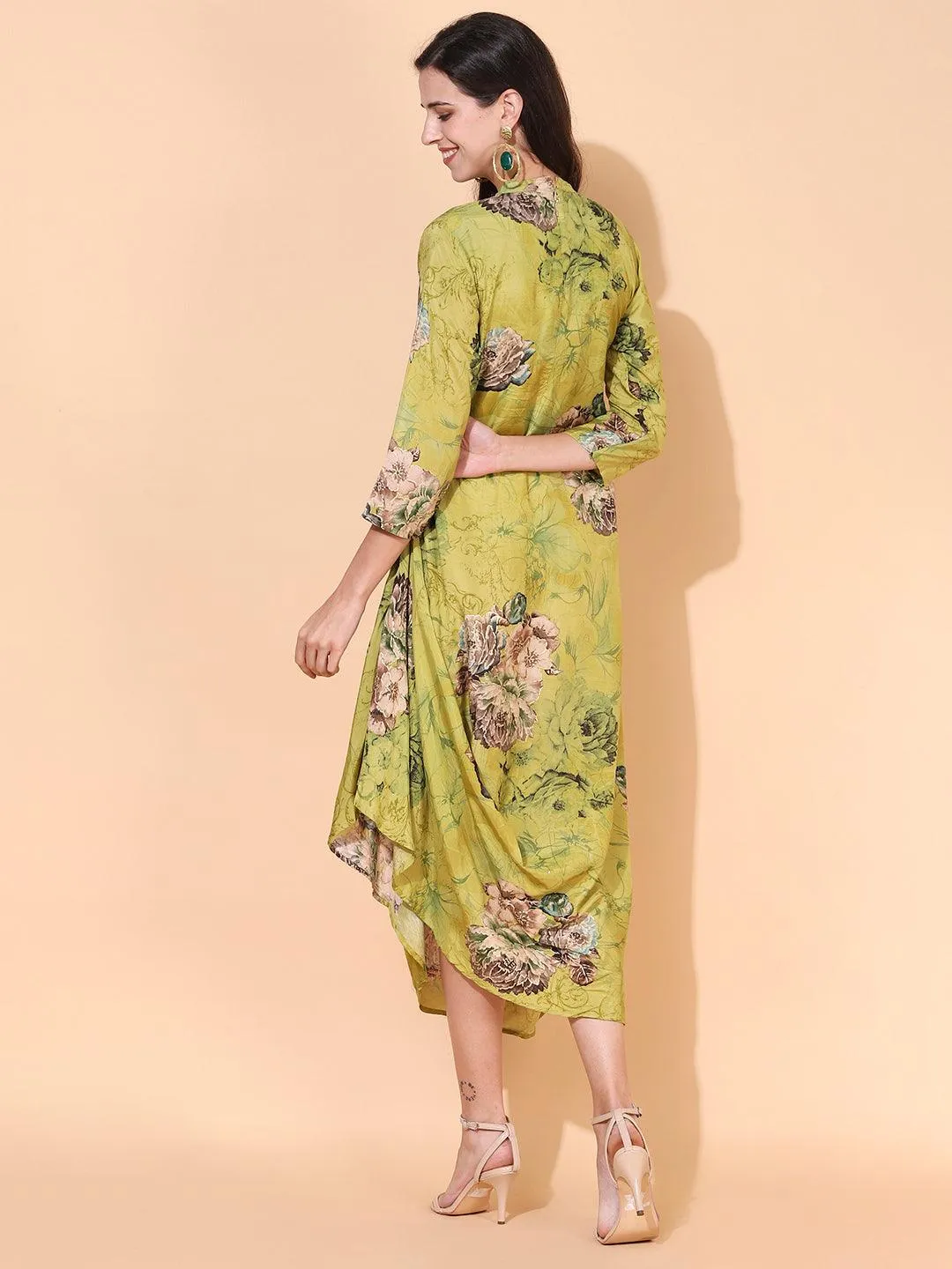 Floral Printed A-Line Cowl Maxi Dress - Pear Green