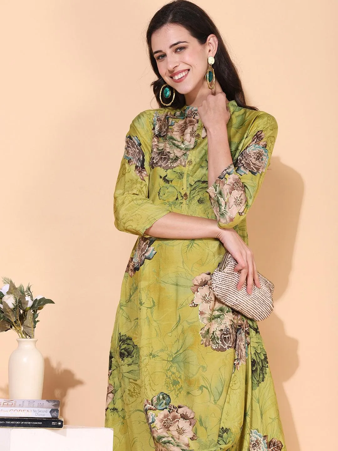 Floral Printed A-Line Cowl Maxi Dress - Pear Green