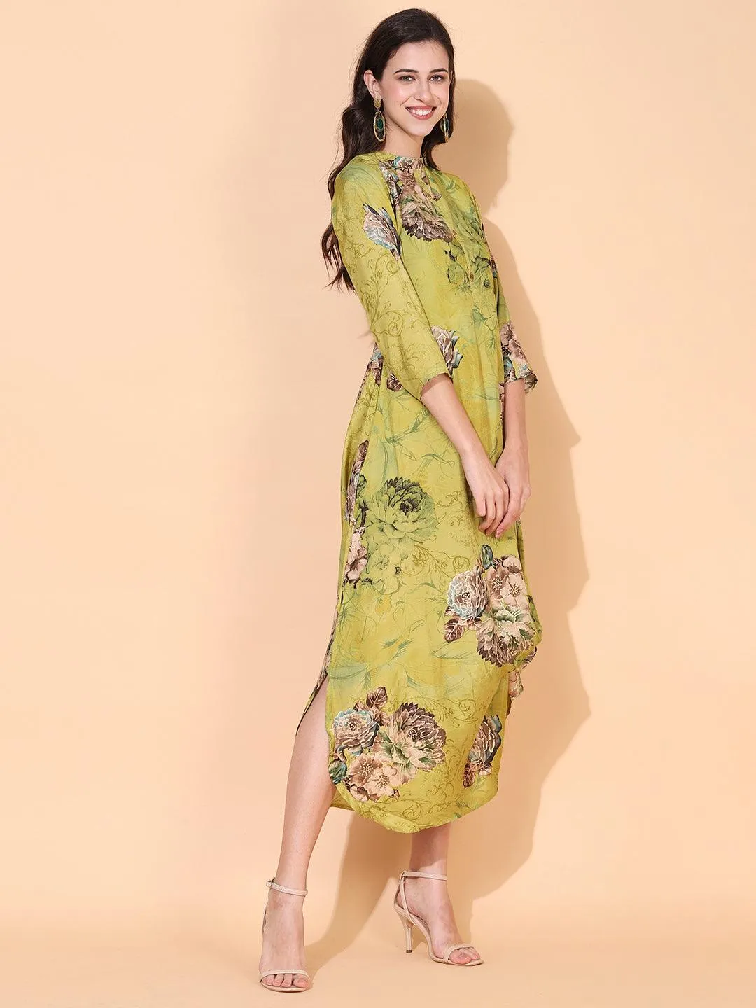 Floral Printed A-Line Cowl Maxi Dress - Pear Green