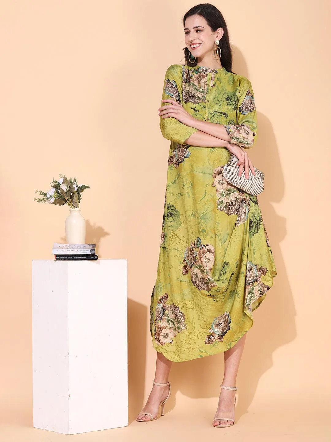 Floral Printed A-Line Cowl Maxi Dress - Pear Green