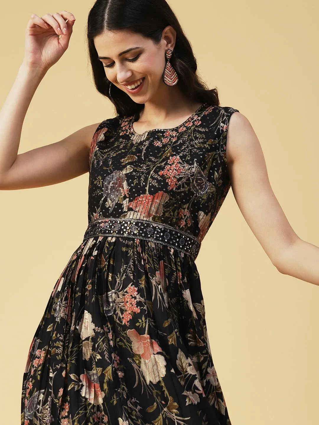 Floral Printed Flared Maxi Dress With Mirror Embroidered Belt - Black