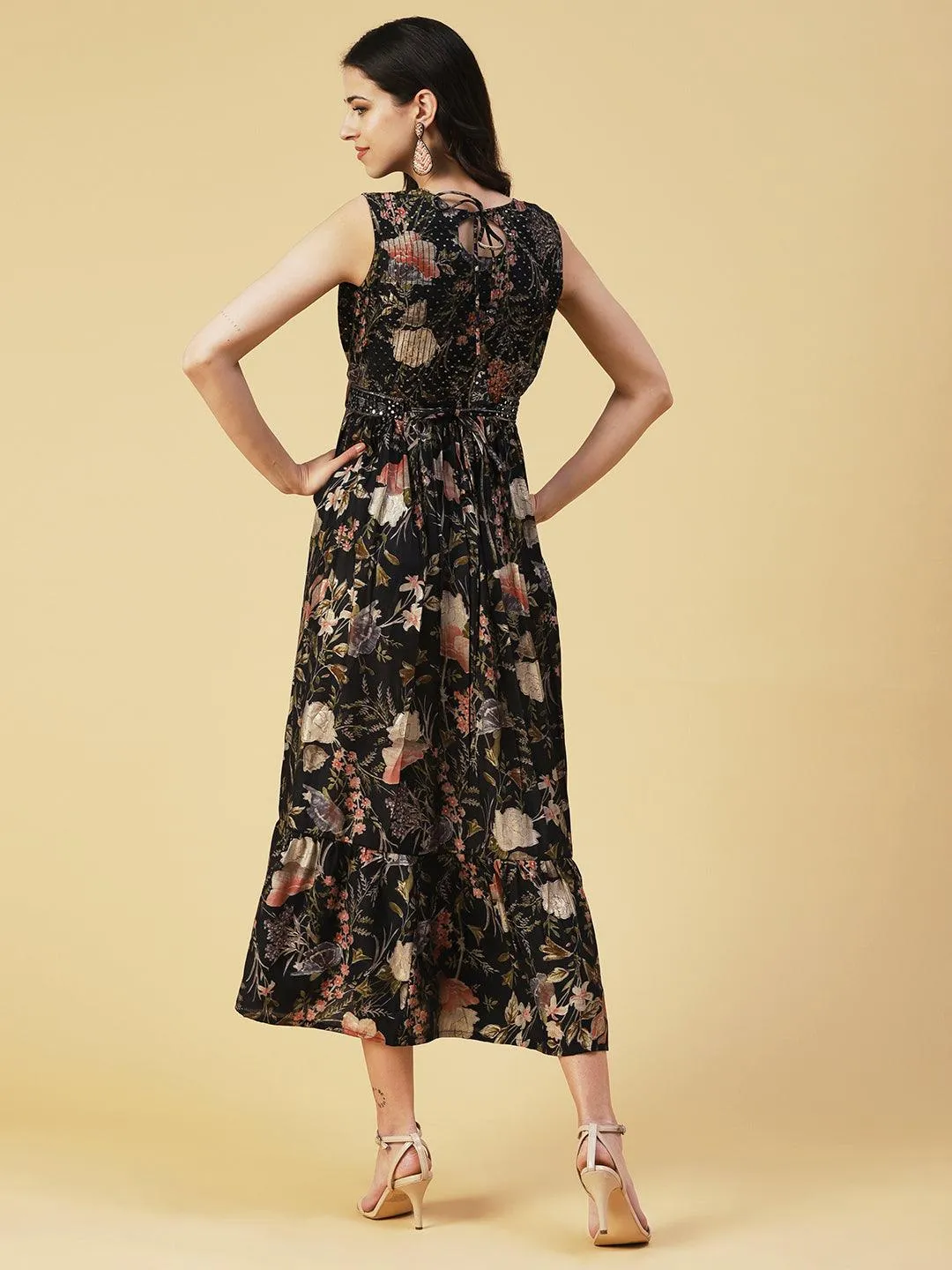 Floral Printed Flared Maxi Dress With Mirror Embroidered Belt - Black