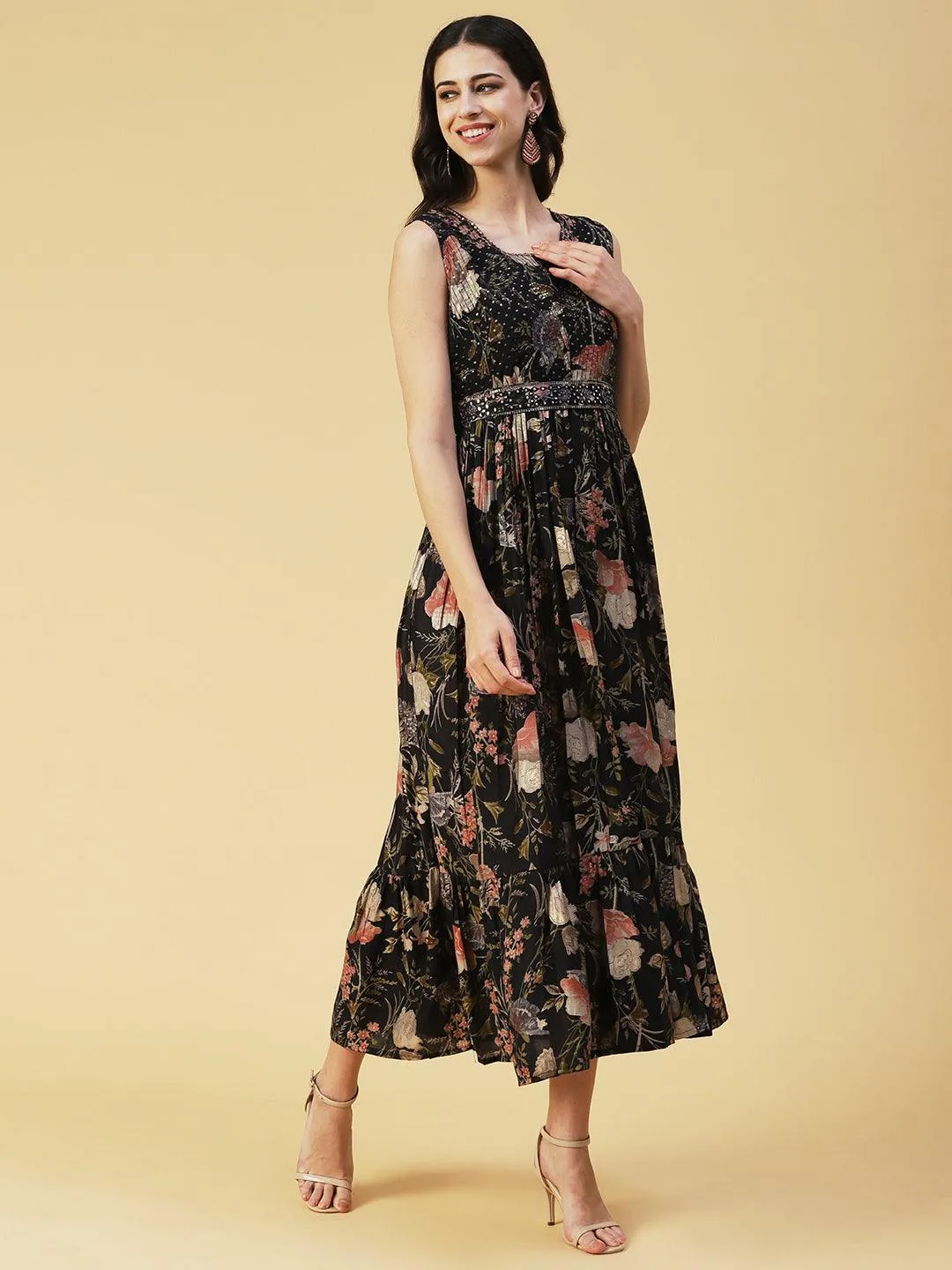 Floral Printed Flared Maxi Dress With Mirror Embroidered Belt - Black