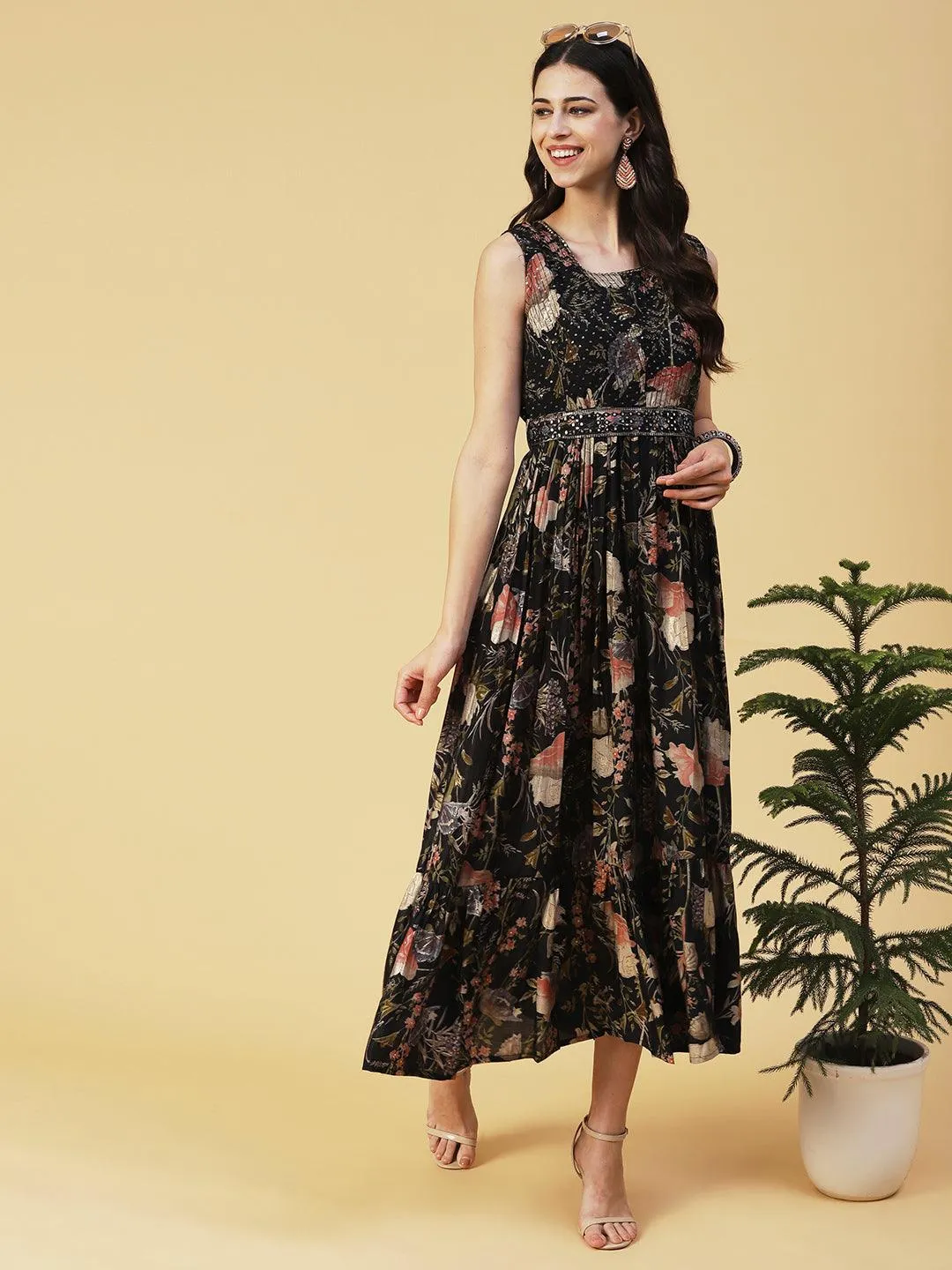 Floral Printed Flared Maxi Dress With Mirror Embroidered Belt - Black