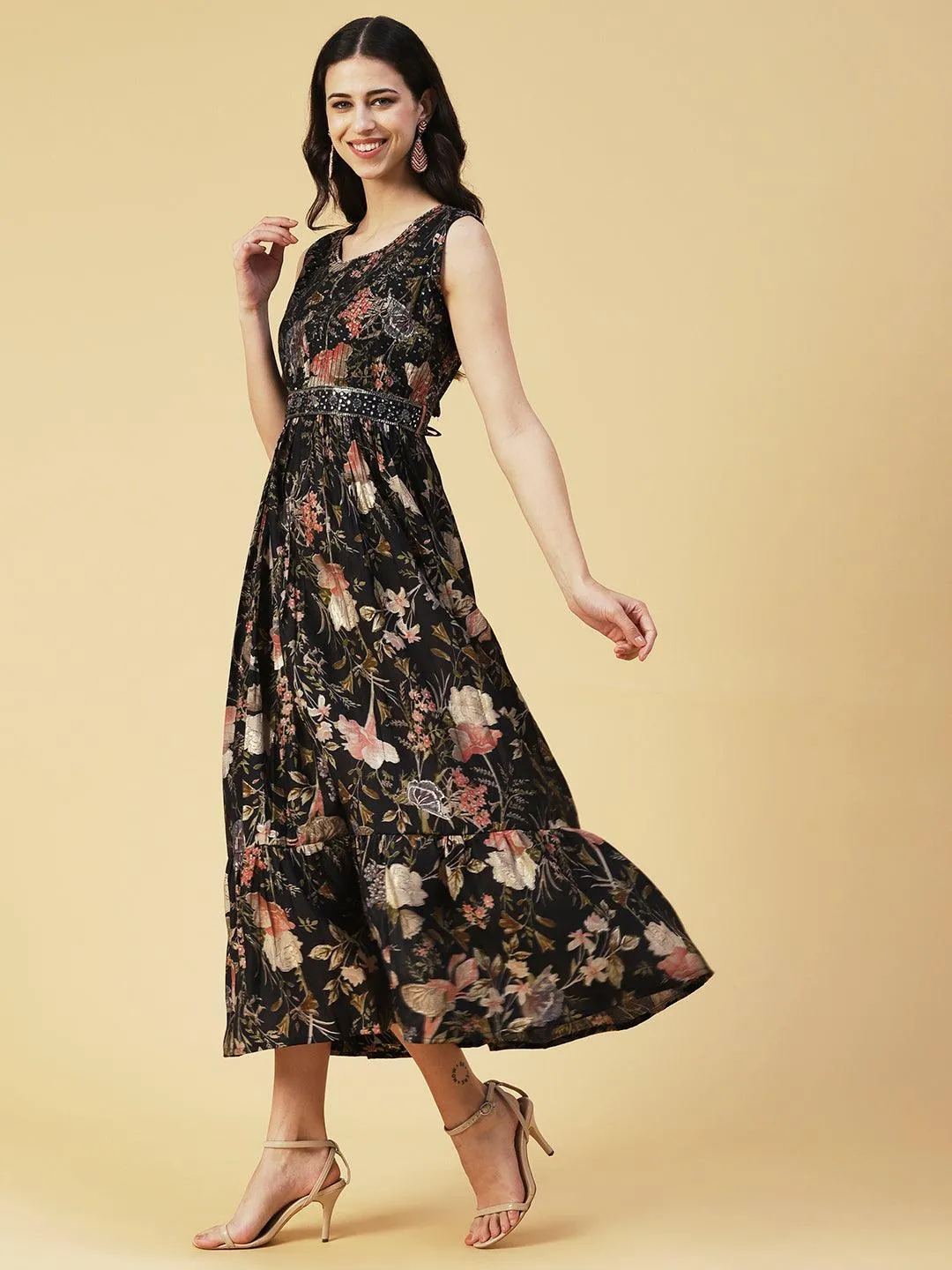 Floral Printed Flared Maxi Dress With Mirror Embroidered Belt - Black