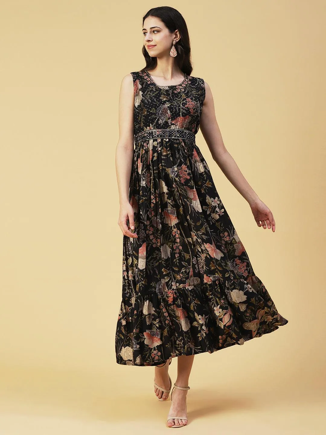 Floral Printed Flared Maxi Dress With Mirror Embroidered Belt - Black