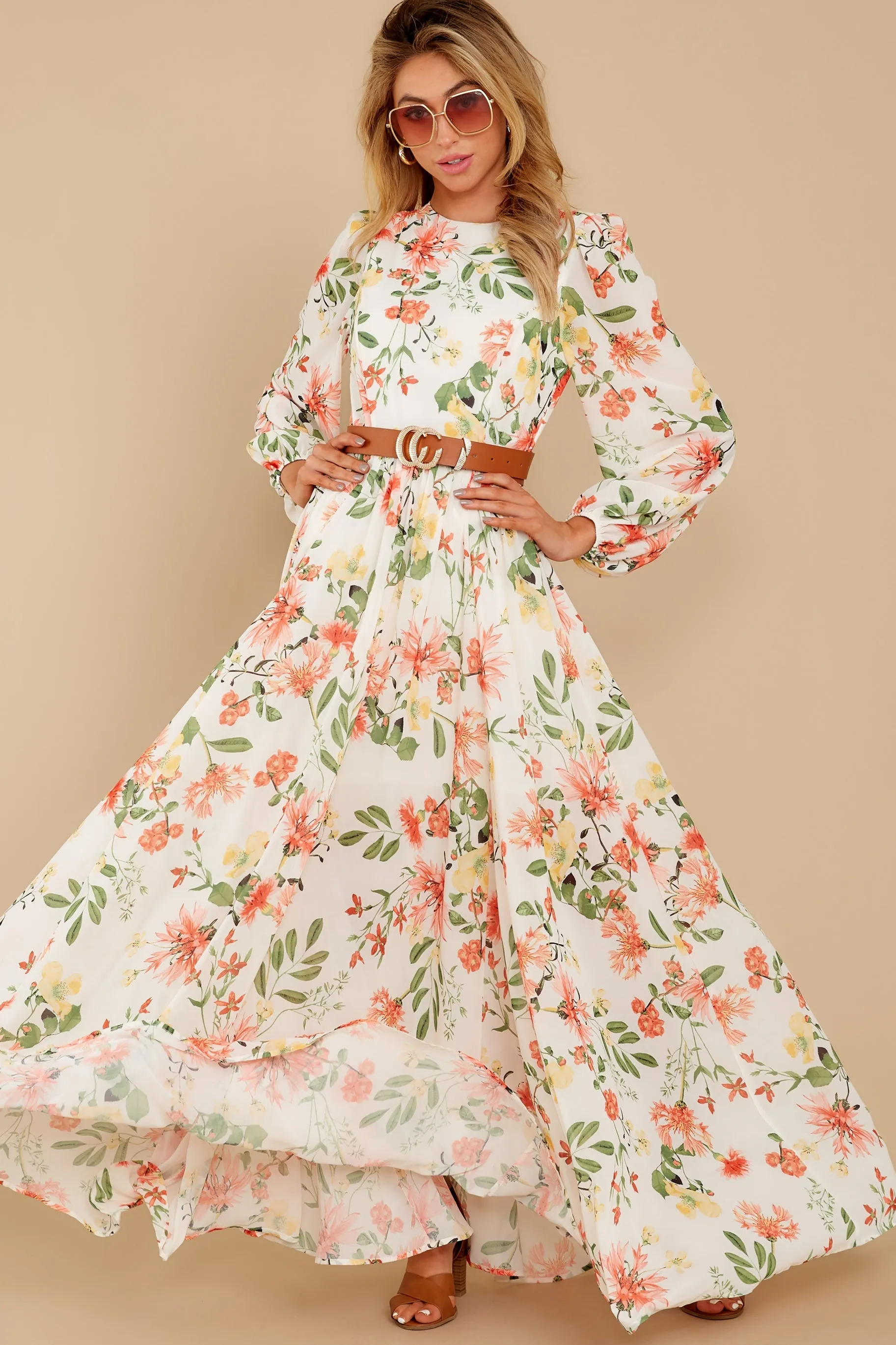 Flowers That Be Orange And Ivory Print Maxi Dress