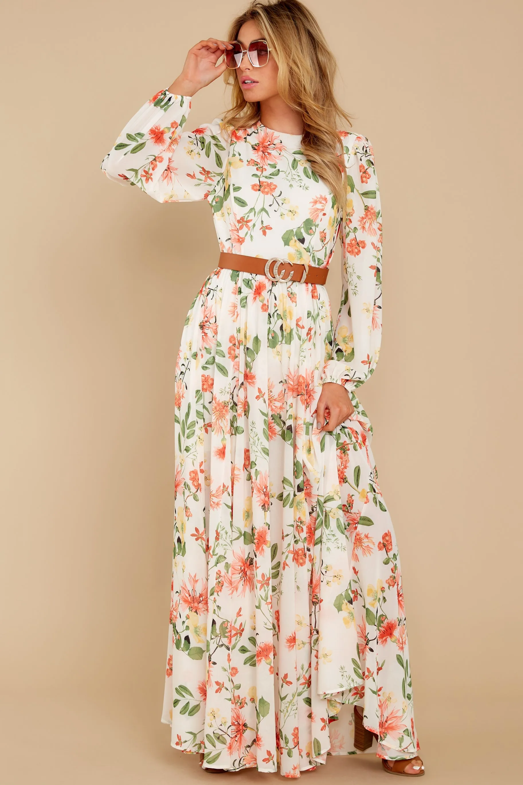 Flowers That Be Orange And Ivory Print Maxi Dress