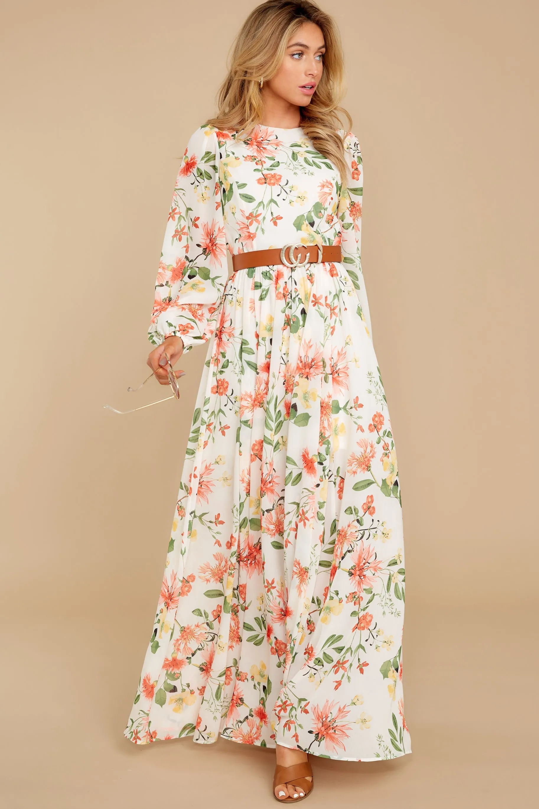 Flowers That Be Orange And Ivory Print Maxi Dress