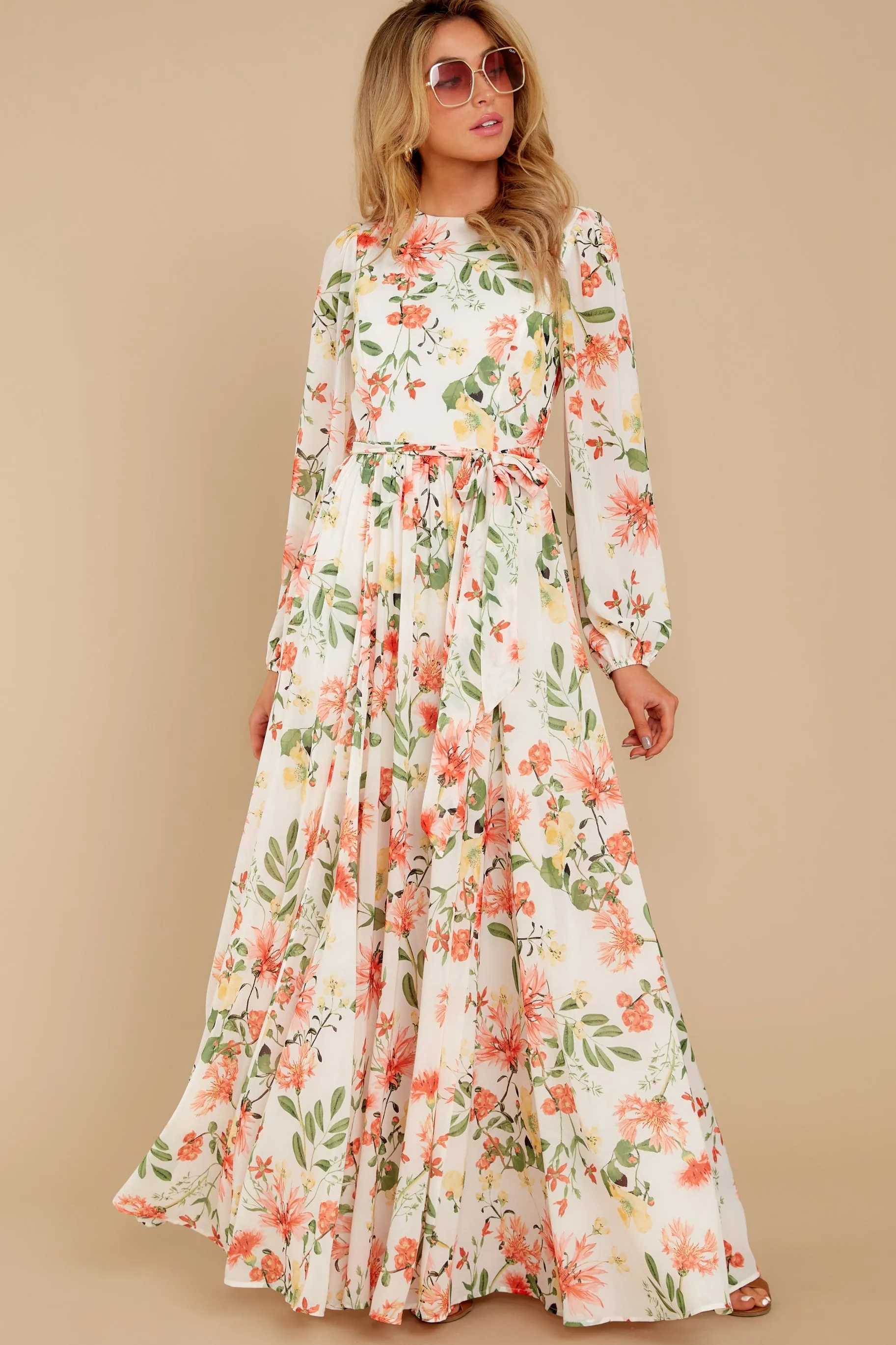 Flowers That Be Orange And Ivory Print Maxi Dress