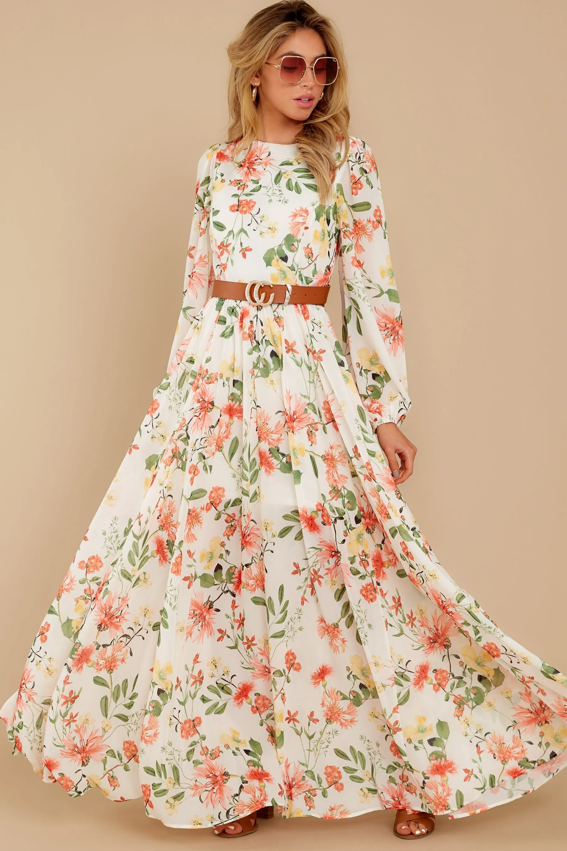 Flowers That Be Orange And Ivory Print Maxi Dress