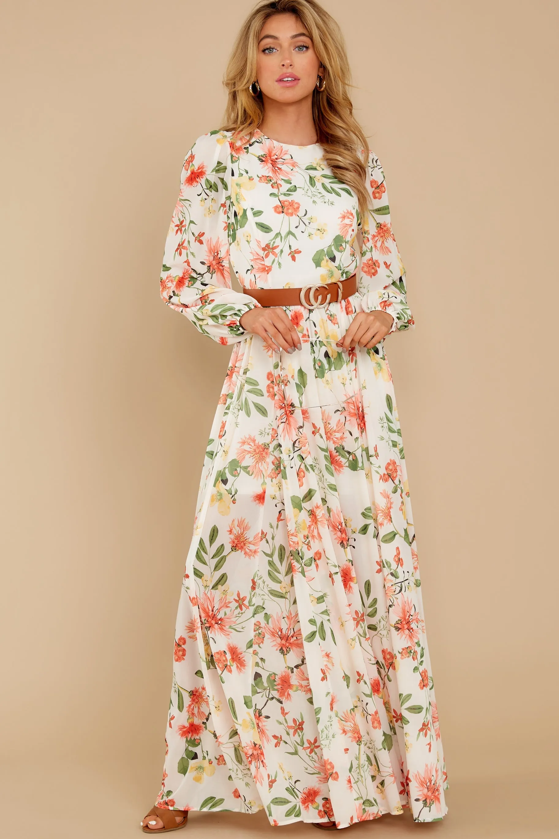 Flowers That Be Orange And Ivory Print Maxi Dress