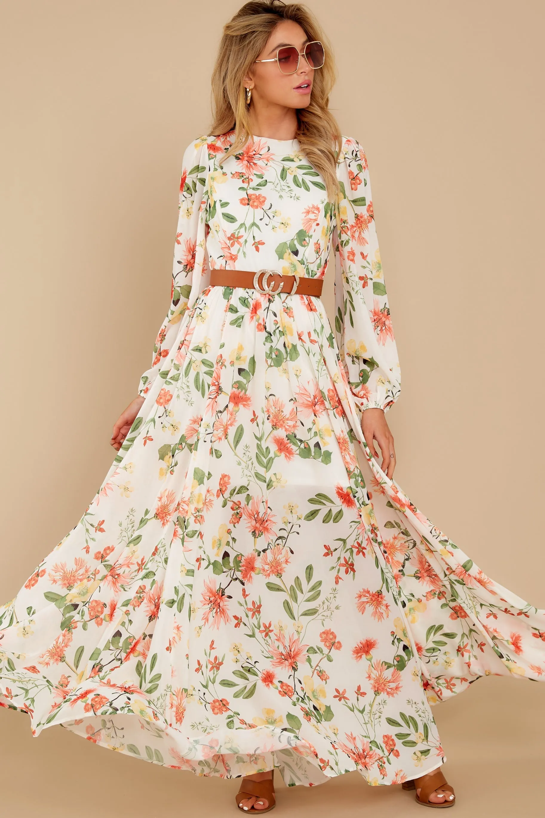 Flowers That Be Orange And Ivory Print Maxi Dress