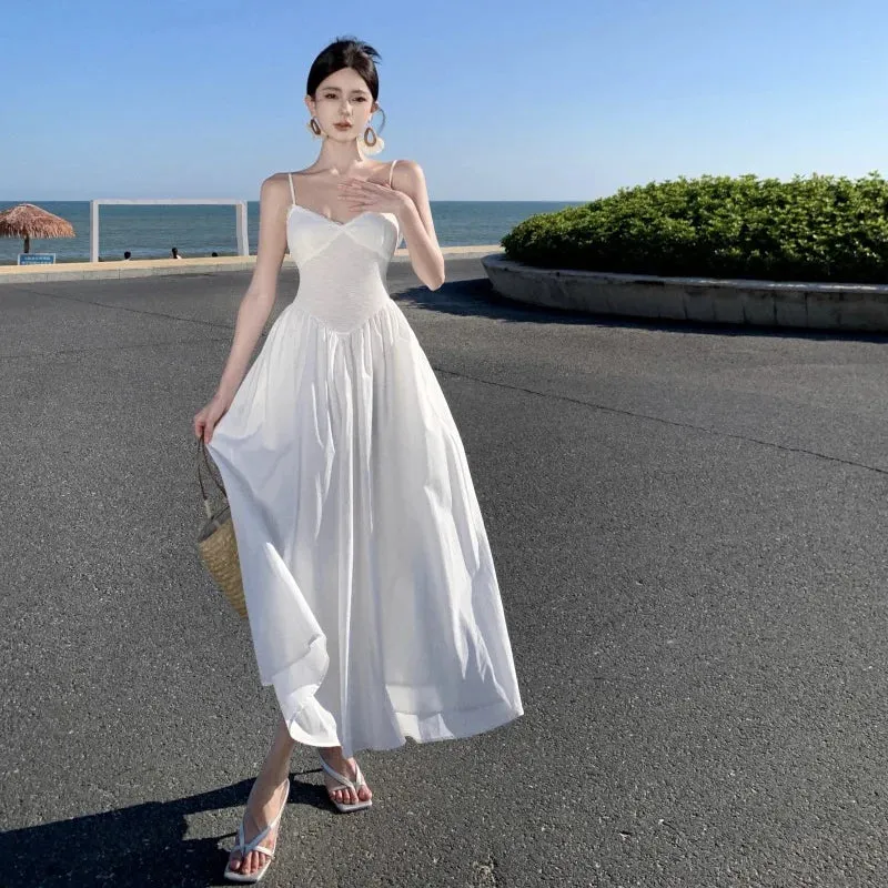 French Women White Elegant Lace High Waist Slim Slip Dress Summer New V Neck Spaghetti Strap Backless Party A-line Pleated Dress