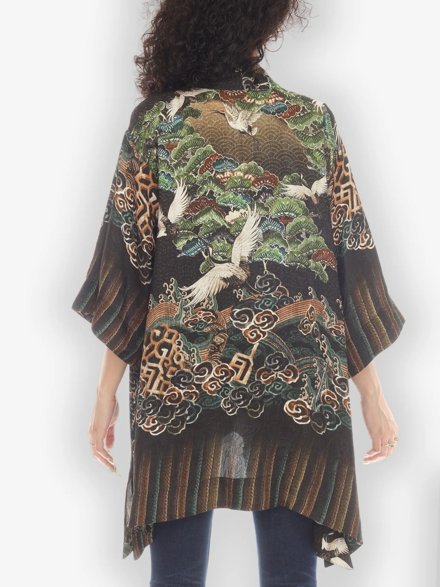 Geometric Waves Border Silk Kimono Top