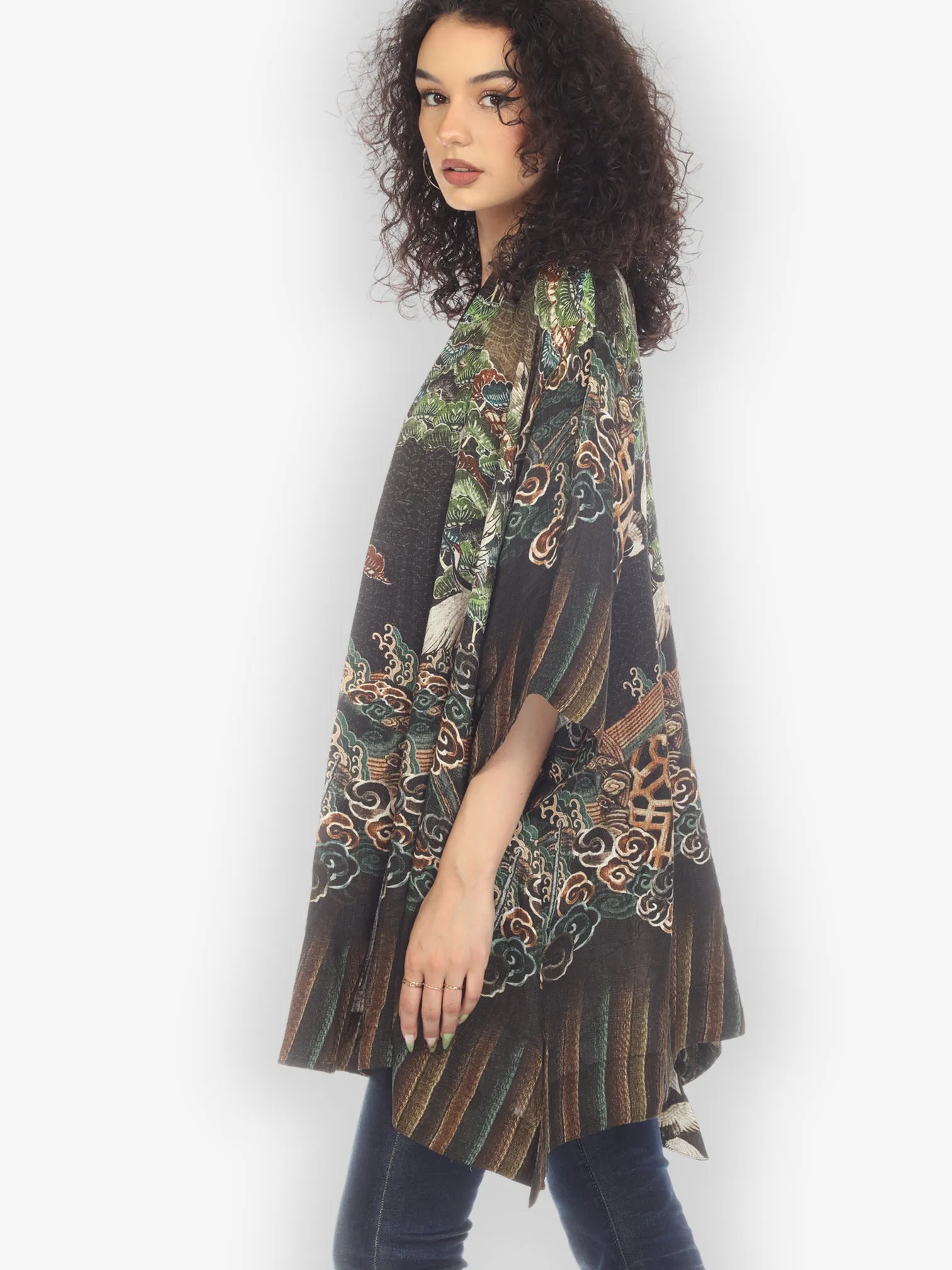 Geometric Waves Border Silk Kimono Top