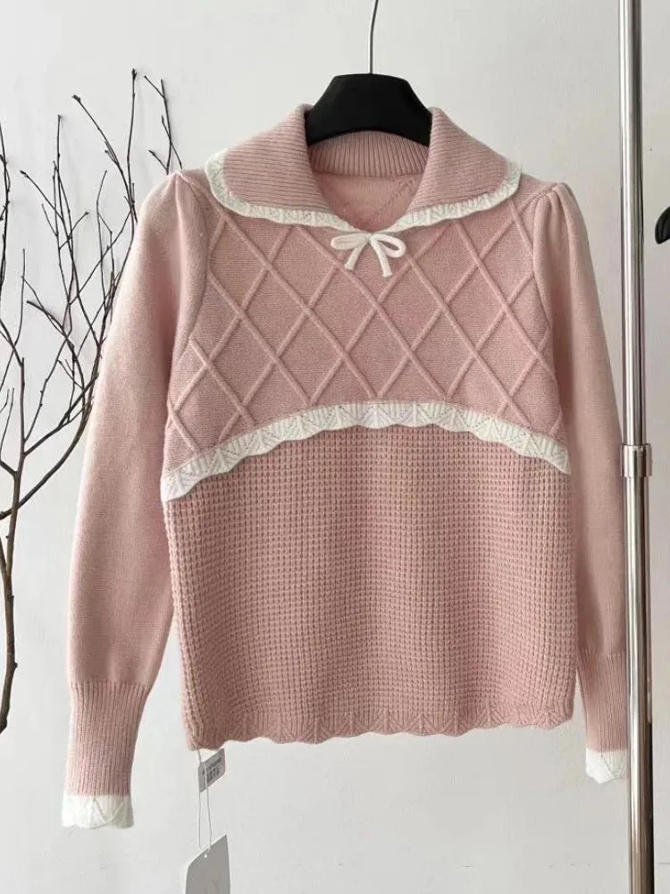 Girlary Preppy Style Elegant Knit 2 Piece Suit Woemn Autumn Winter Sweet Doll Collar Pink Skirt Suit Kawaii Sweater   Pleated Skirt Sets