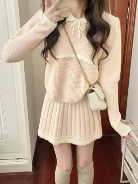 Girlary Preppy Style Elegant Knit 2 Piece Suit Woemn Autumn Winter Sweet Doll Collar Pink Skirt Suit Kawaii Sweater   Pleated Skirt Sets