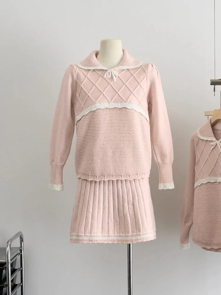 Girlary Preppy Style Elegant Knit 2 Piece Suit Woemn Autumn Winter Sweet Doll Collar Pink Skirt Suit Kawaii Sweater   Pleated Skirt Sets