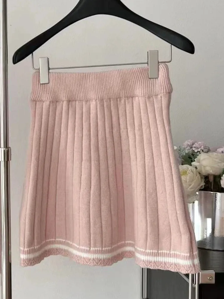 Girlary Preppy Style Elegant Knit 2 Piece Suit Woemn Autumn Winter Sweet Doll Collar Pink Skirt Suit Kawaii Sweater   Pleated Skirt Sets