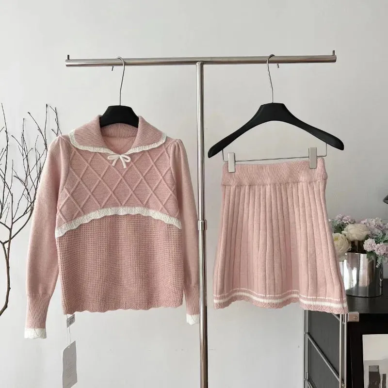 Girlary Preppy Style Elegant Knit 2 Piece Suit Woemn Autumn Winter Sweet Doll Collar Pink Skirt Suit Kawaii Sweater   Pleated Skirt Sets