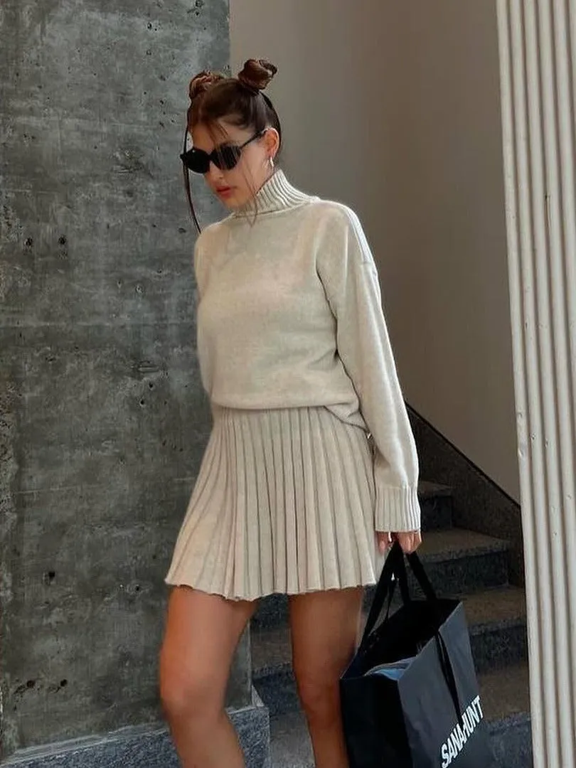 Girlary-shop outfit inspo Suit Women's Fashion Turtleneck Knitted Sweater Women's Autumn and Winter Solid Color Pleated Skirt Short Skirt Two-Piece Set