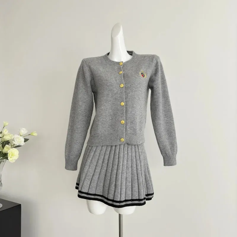 Girlary Women Grey Two Piece Suit Vintage Long Sleeve Sweater and Mini Pleated Skirt Harajuku Y2k Preppy Style Skirt Sets 2000s Clothes