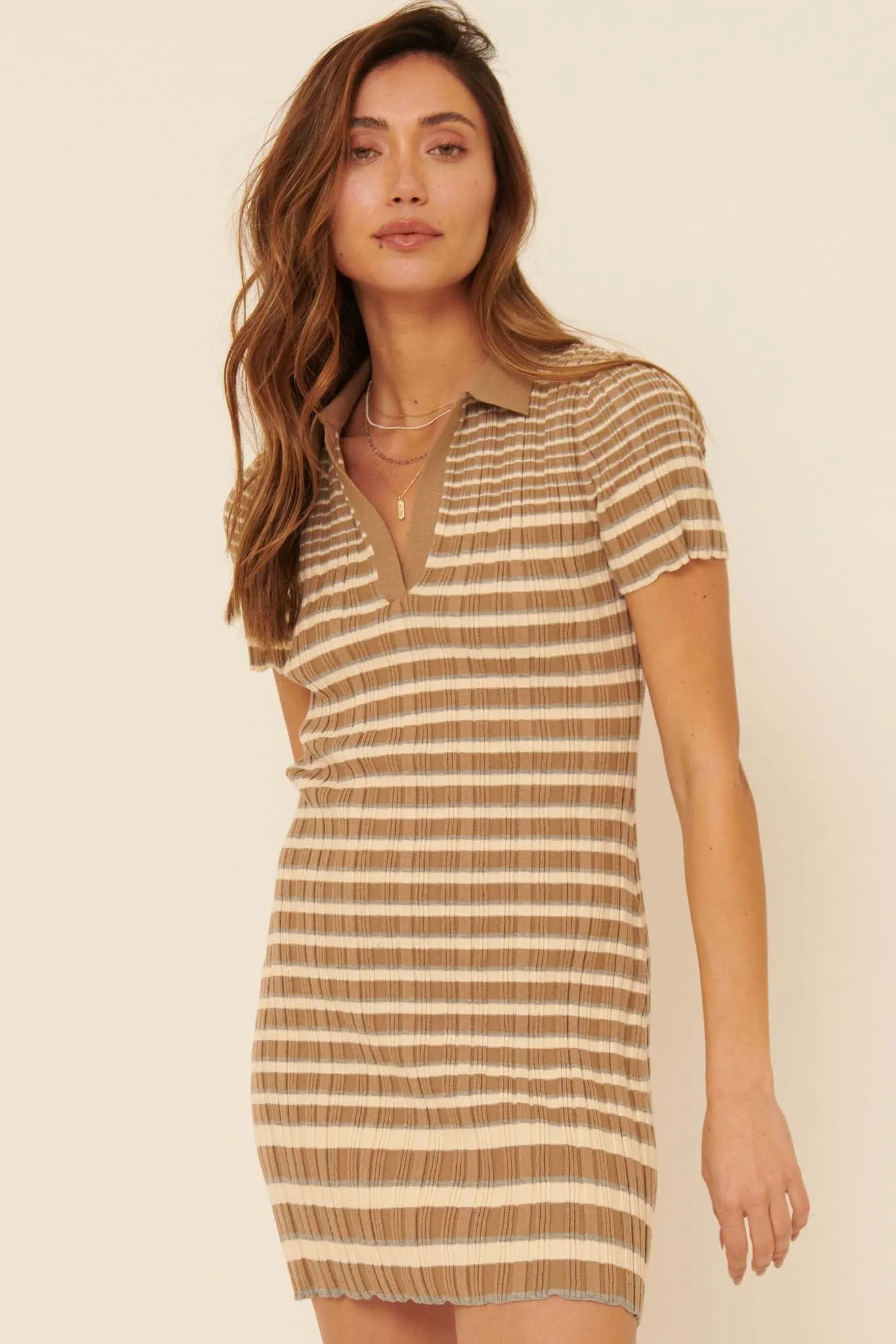 Good Sport Striped Rib-Knit Polo Mini Dress