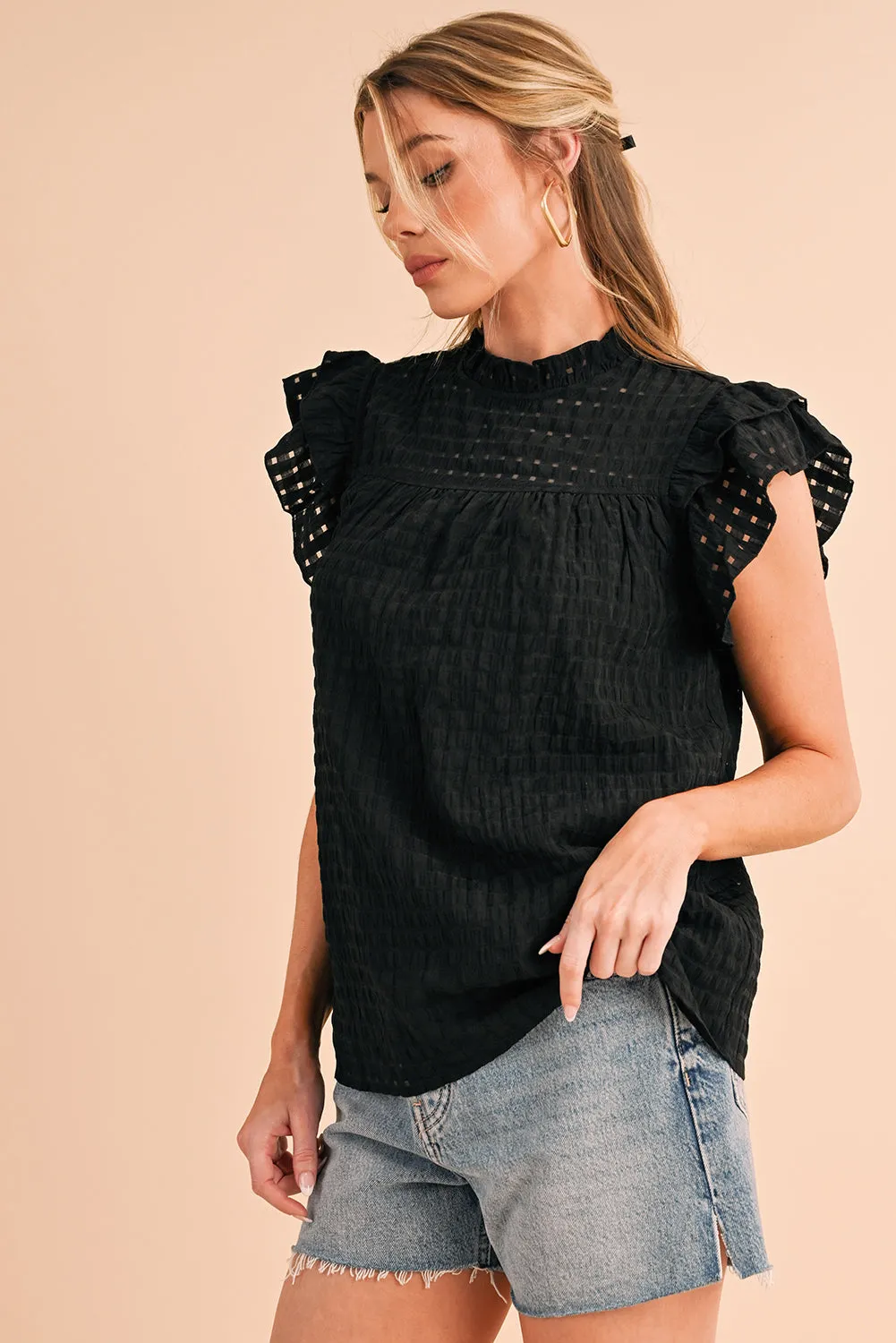 Gothic Outlaws Black Frilled Neck Ruffle Textured Blouse