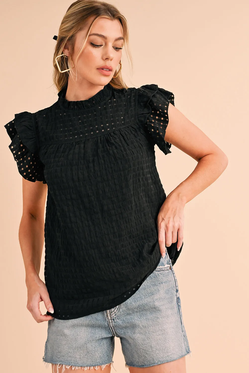 Gothic Outlaws Black Frilled Neck Ruffle Textured Blouse