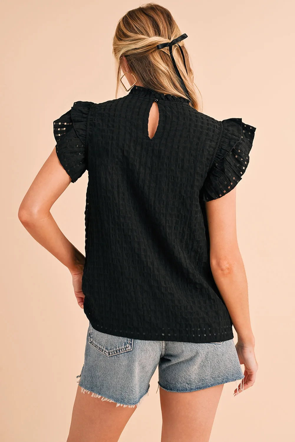 Gothic Outlaws Black Frilled Neck Ruffle Textured Blouse