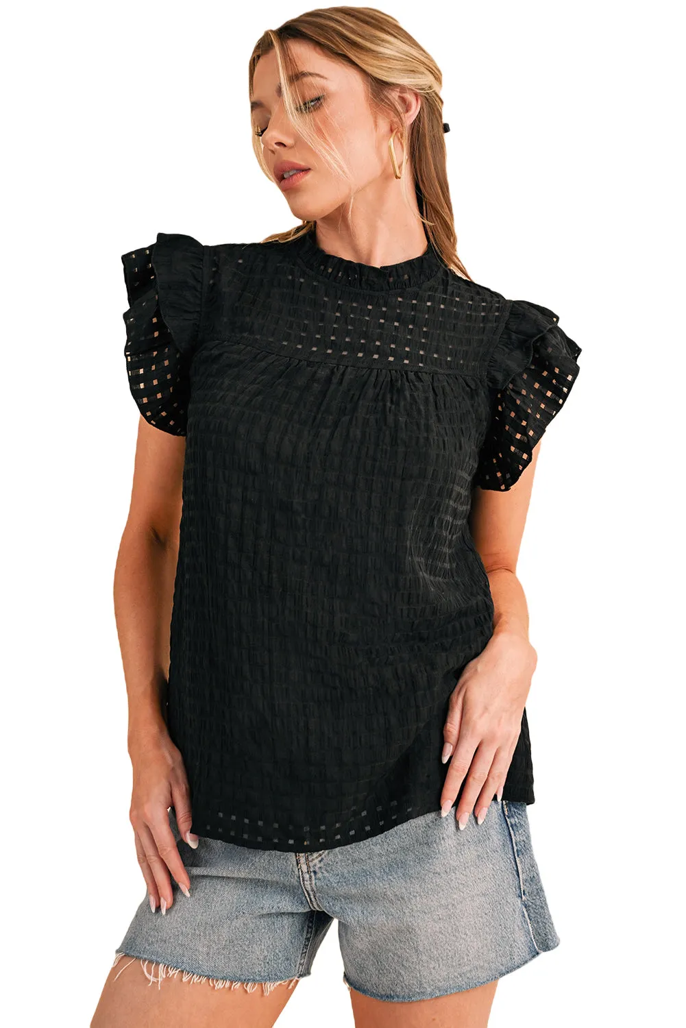 Gothic Outlaws Black Frilled Neck Ruffle Textured Blouse