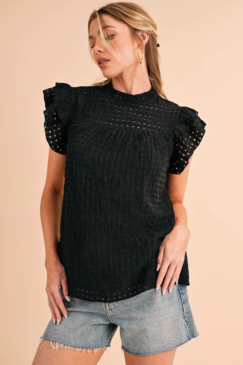 Gothic Outlaws Black Frilled Neck Ruffle Textured Blouse