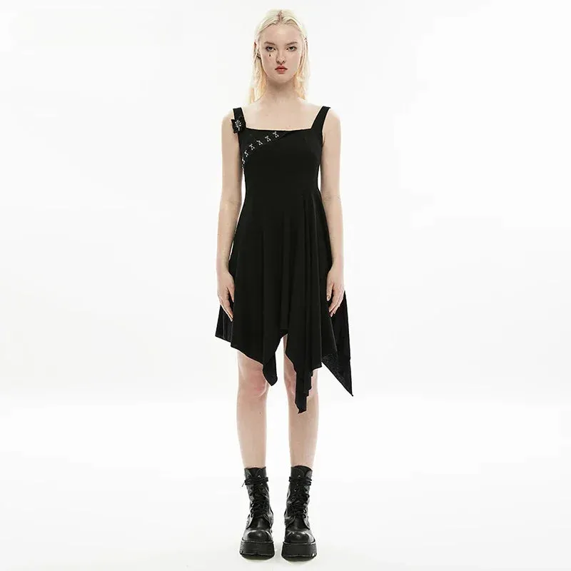 Gothic Square Collar Irregular Hem Black Dress