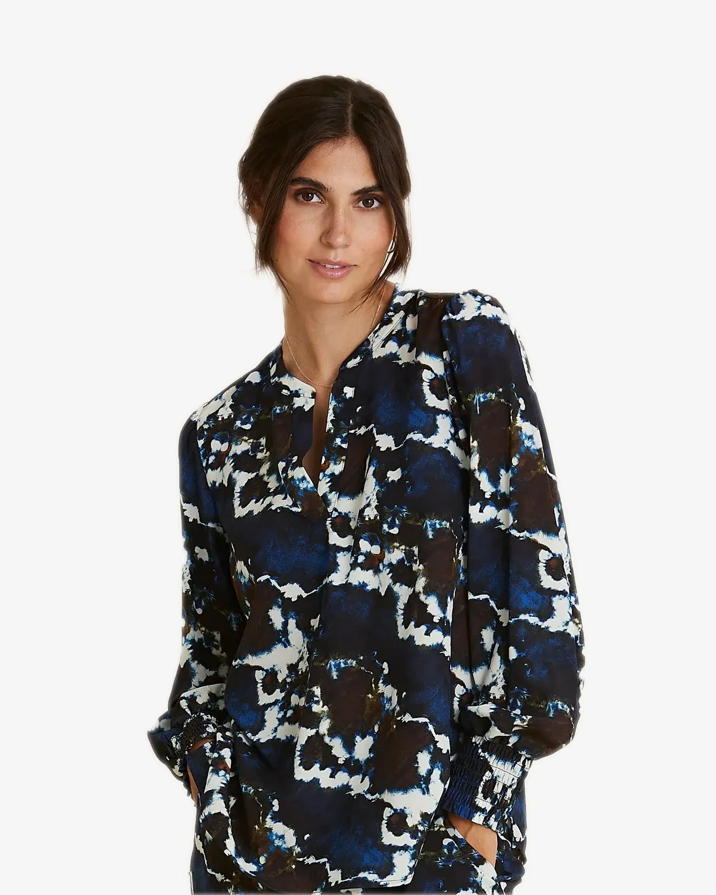 Hartland Long Sleeve Stretch Silk Printed Tunic, Navy/ Brown / White