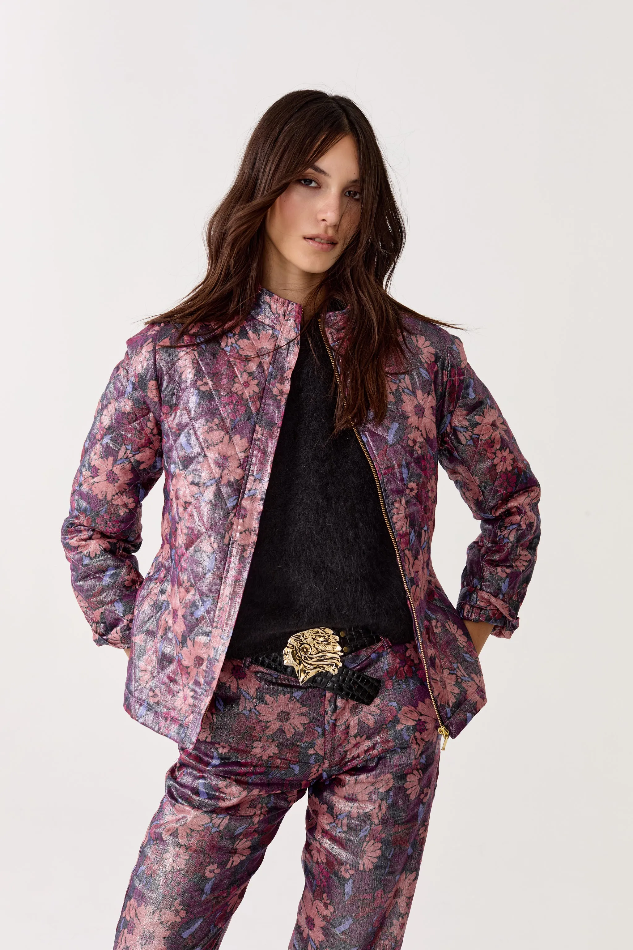 Highland Metallic Linen Quilted Jacket - Gerbera Print