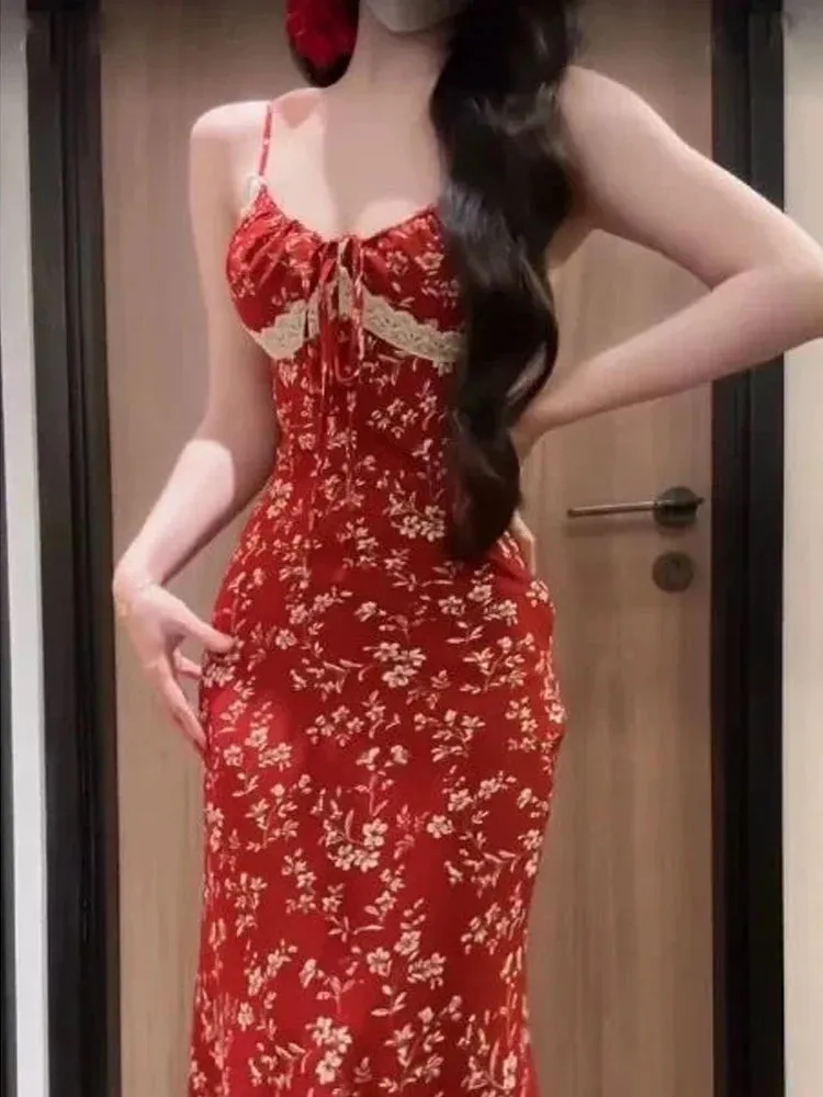 Hnewly DRESS TO IMPRESS Red Floral Sexy Slip Dress Women Elegant Vintage Long Lace Bodycon Dress Summer Beach One Piece Dress Female Korean Style Party