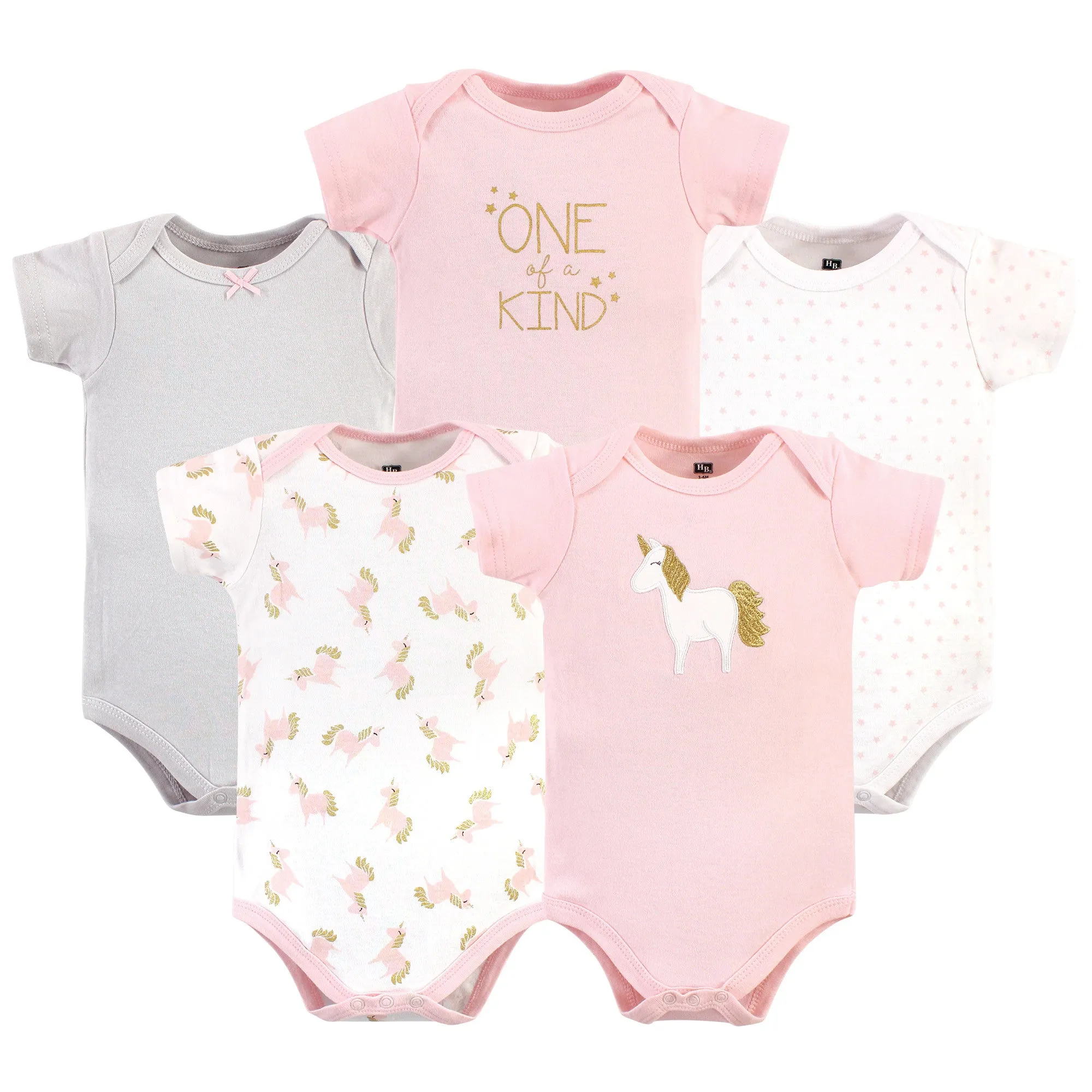 Hudson Baby Cotton Bodysuits, Gold Pink Unicorn