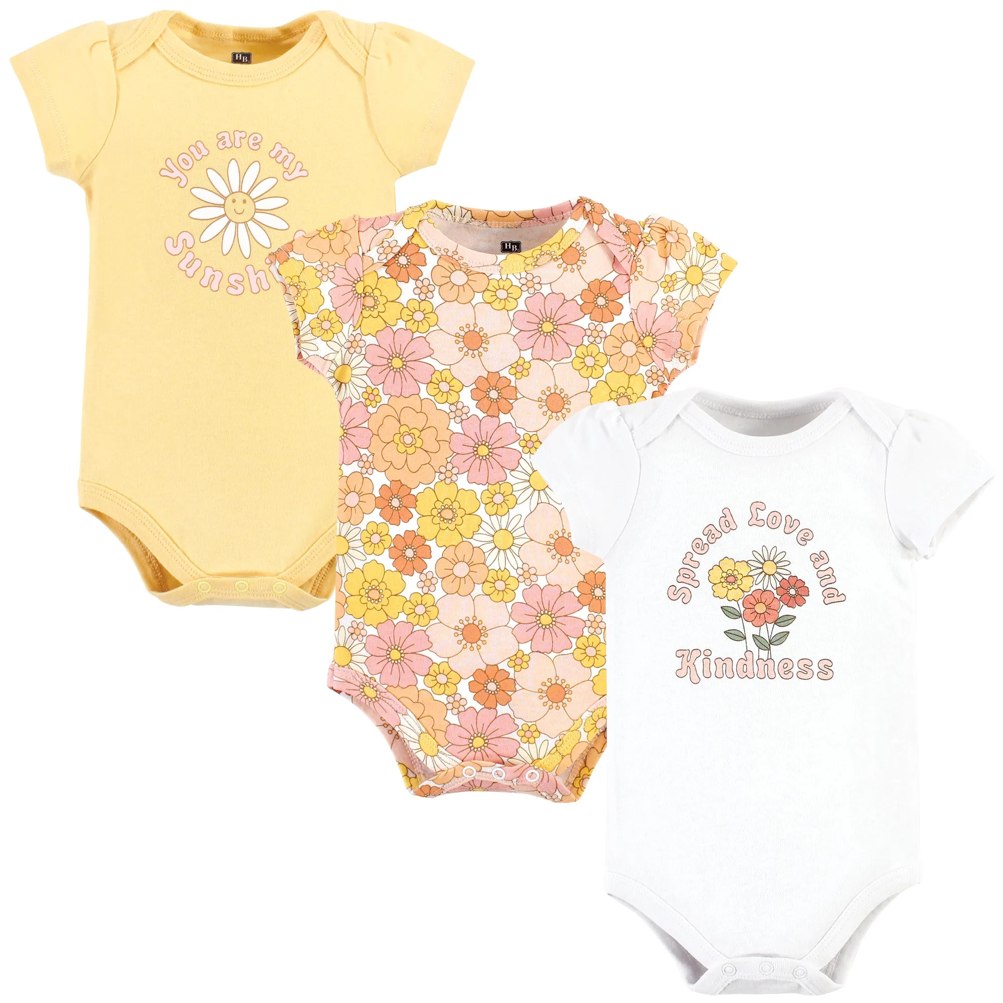 Hudson Baby Cotton Bodysuits, Peace Love Flowers 3 Pack