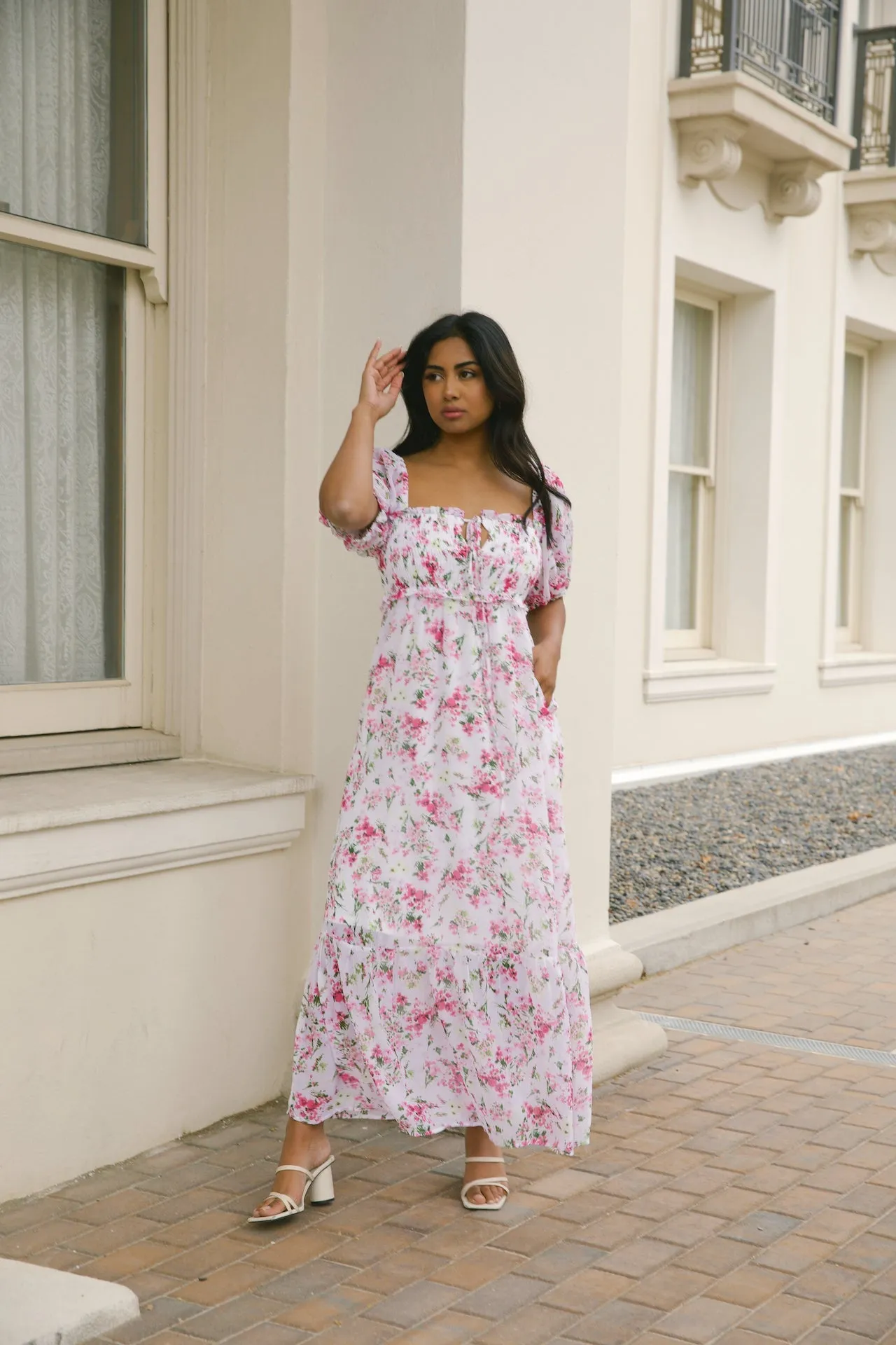 Jane White and Pink Floral Dress