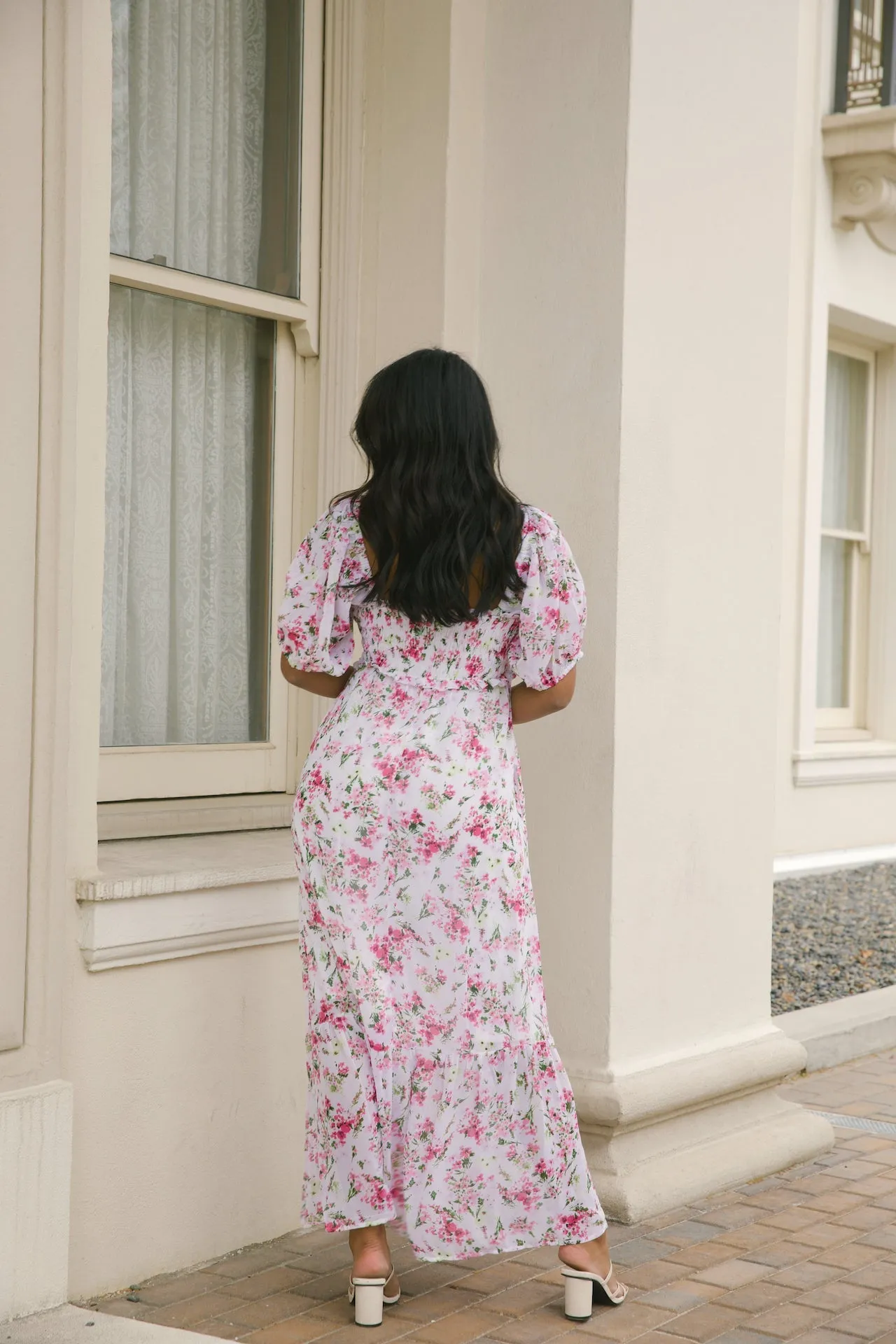 Jane White and Pink Floral Dress