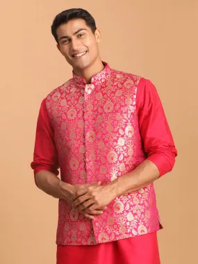 Jashvi Men's Valentino Pink Flower Motif Jacquard Nehru Jacket