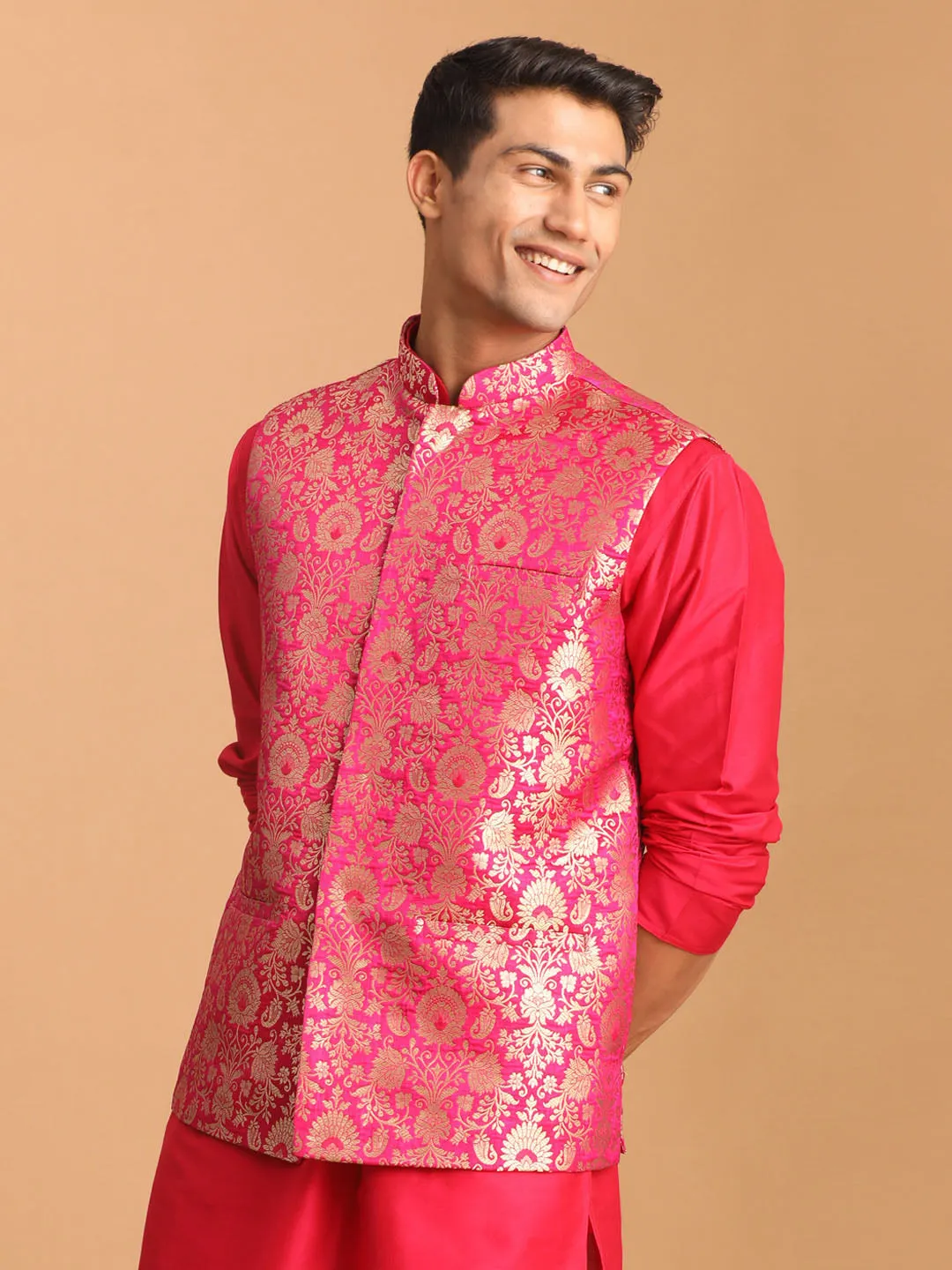 Jashvi Men's Valentino Pink Flower Motif Jacquard Nehru Jacket