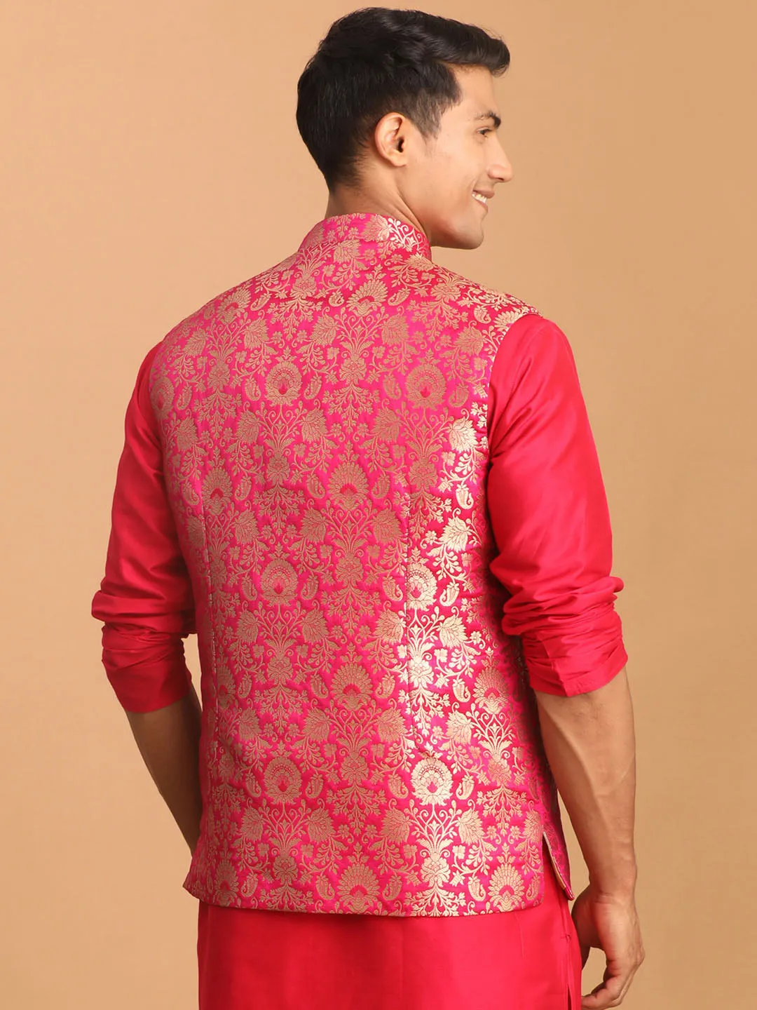 Jashvi Men's Valentino Pink Flower Motif Jacquard Nehru Jacket