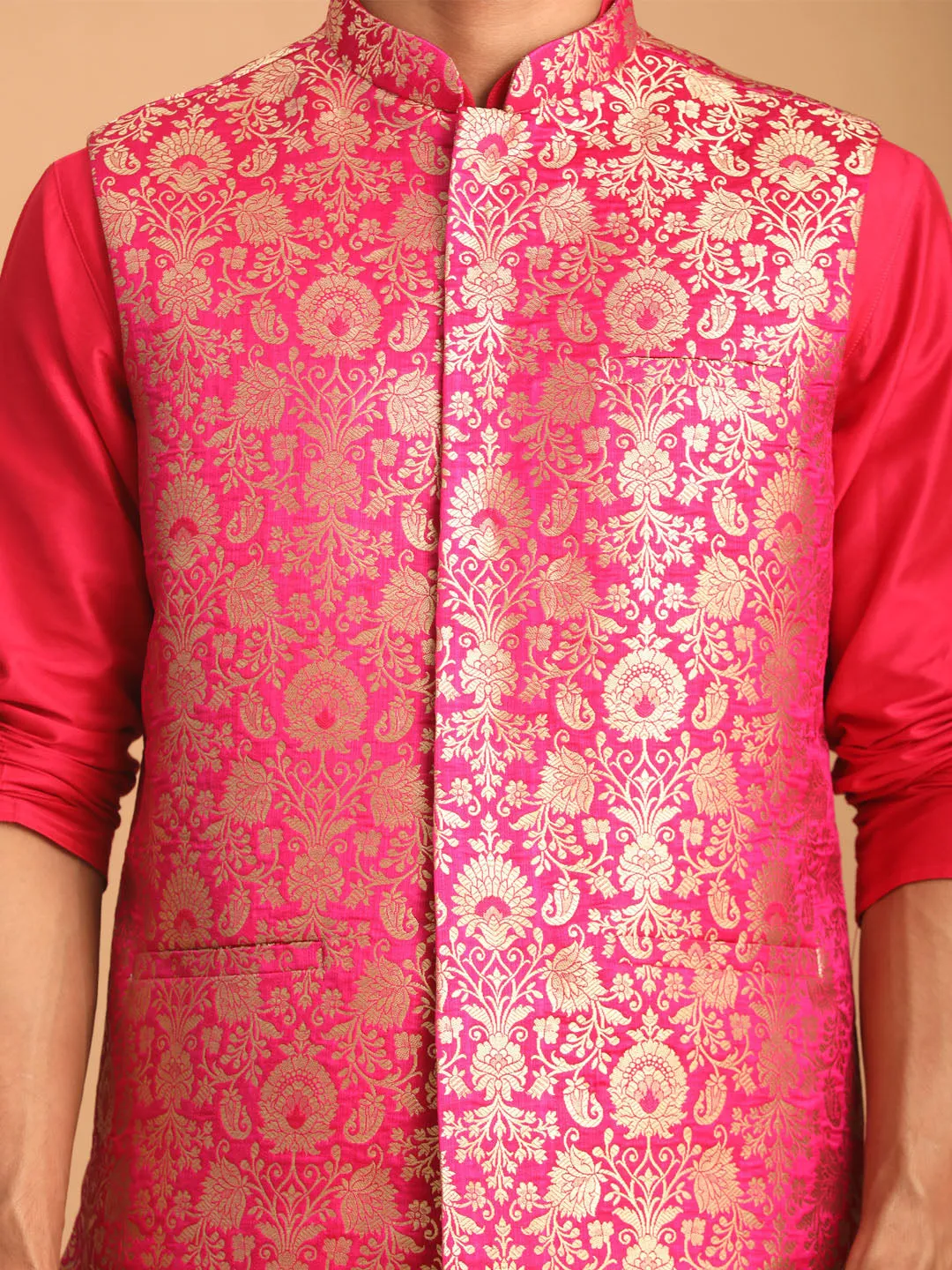 Jashvi Men's Valentino Pink Flower Motif Jacquard Nehru Jacket