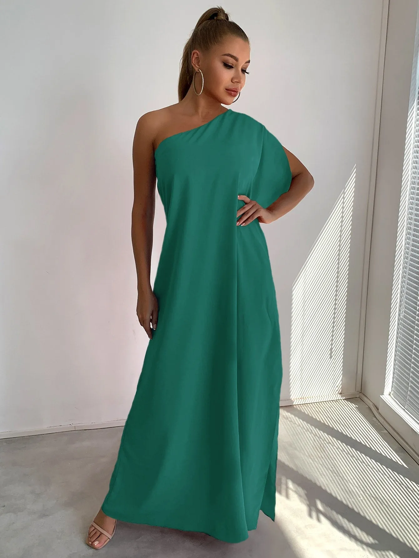 Joyfunear One Shoulder Split Sleeve Maxi Dress