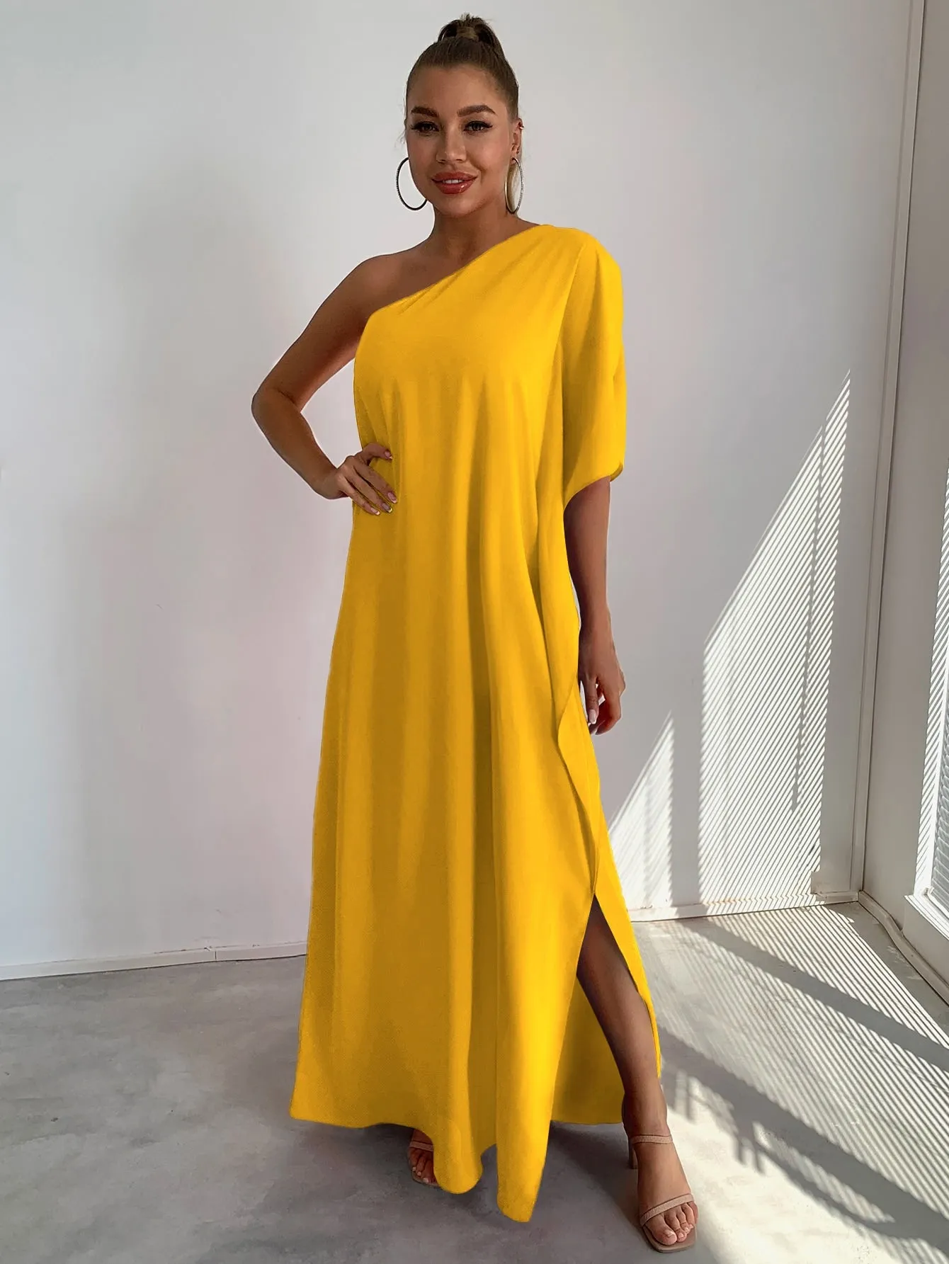 Joyfunear One Shoulder Split Sleeve Maxi Dress