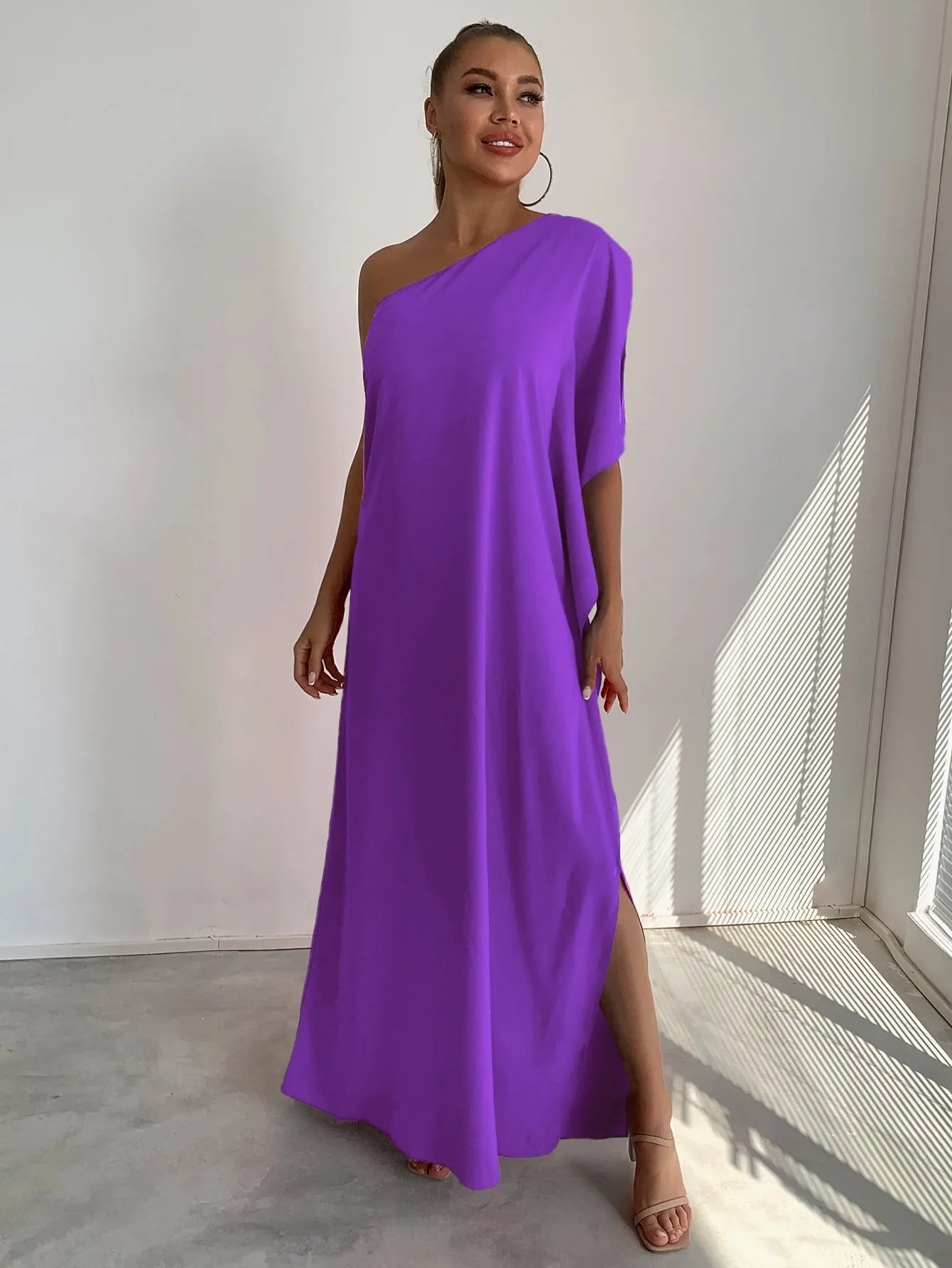 Joyfunear One Shoulder Split Sleeve Maxi Dress