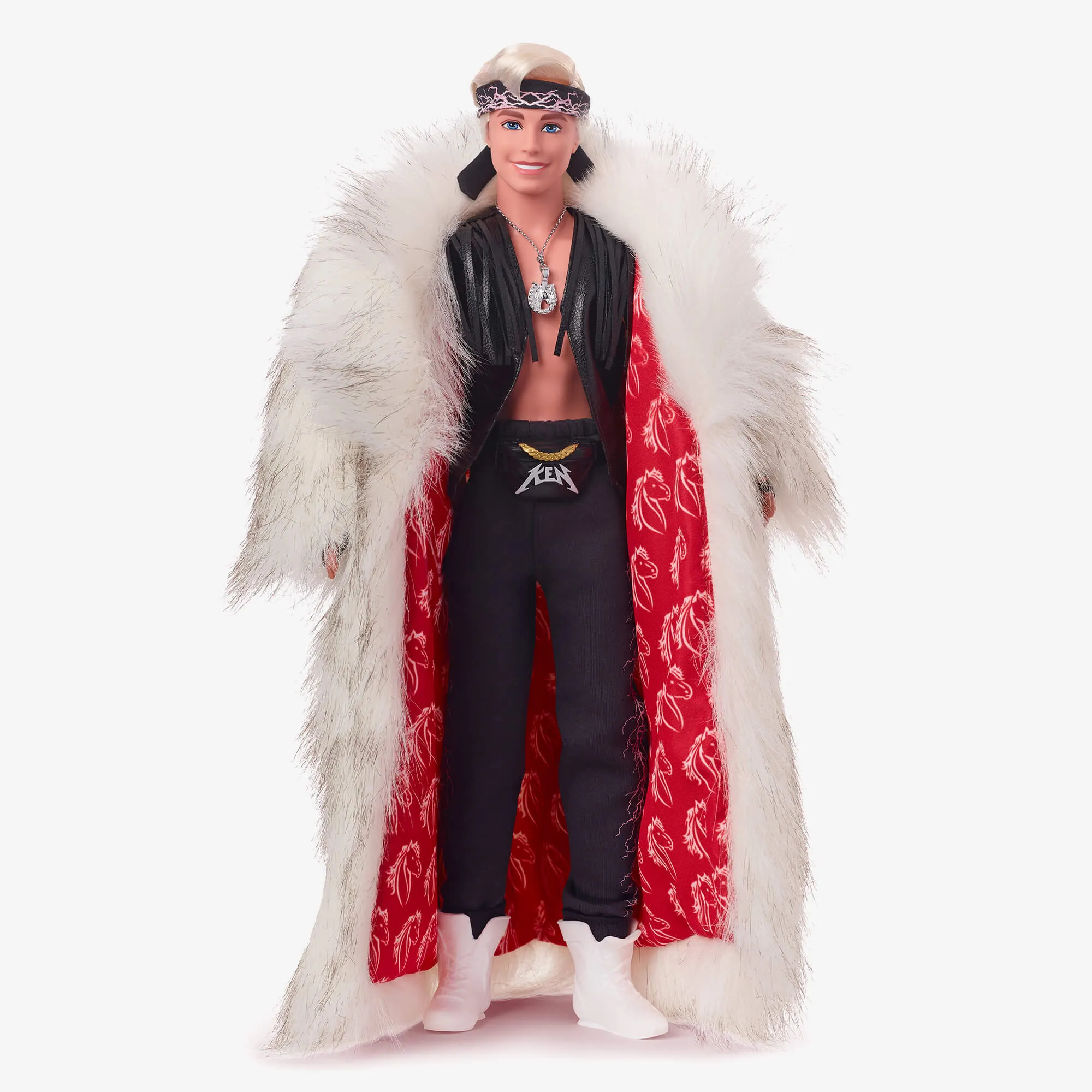 Ken Doll in Faux Fur Coat and Black Fringe Vest – Barbie The Movie