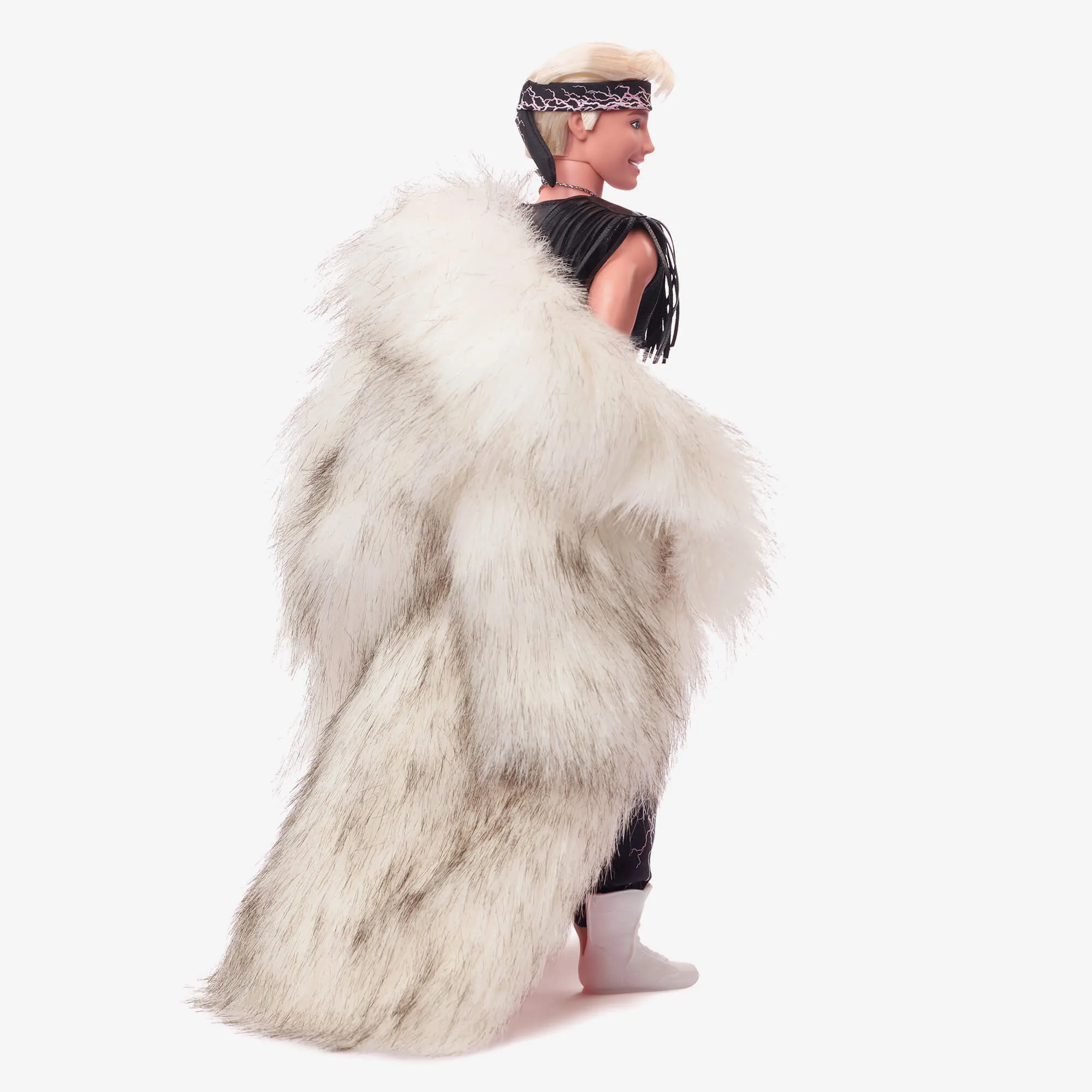 Ken Doll in Faux Fur Coat and Black Fringe Vest – Barbie The Movie